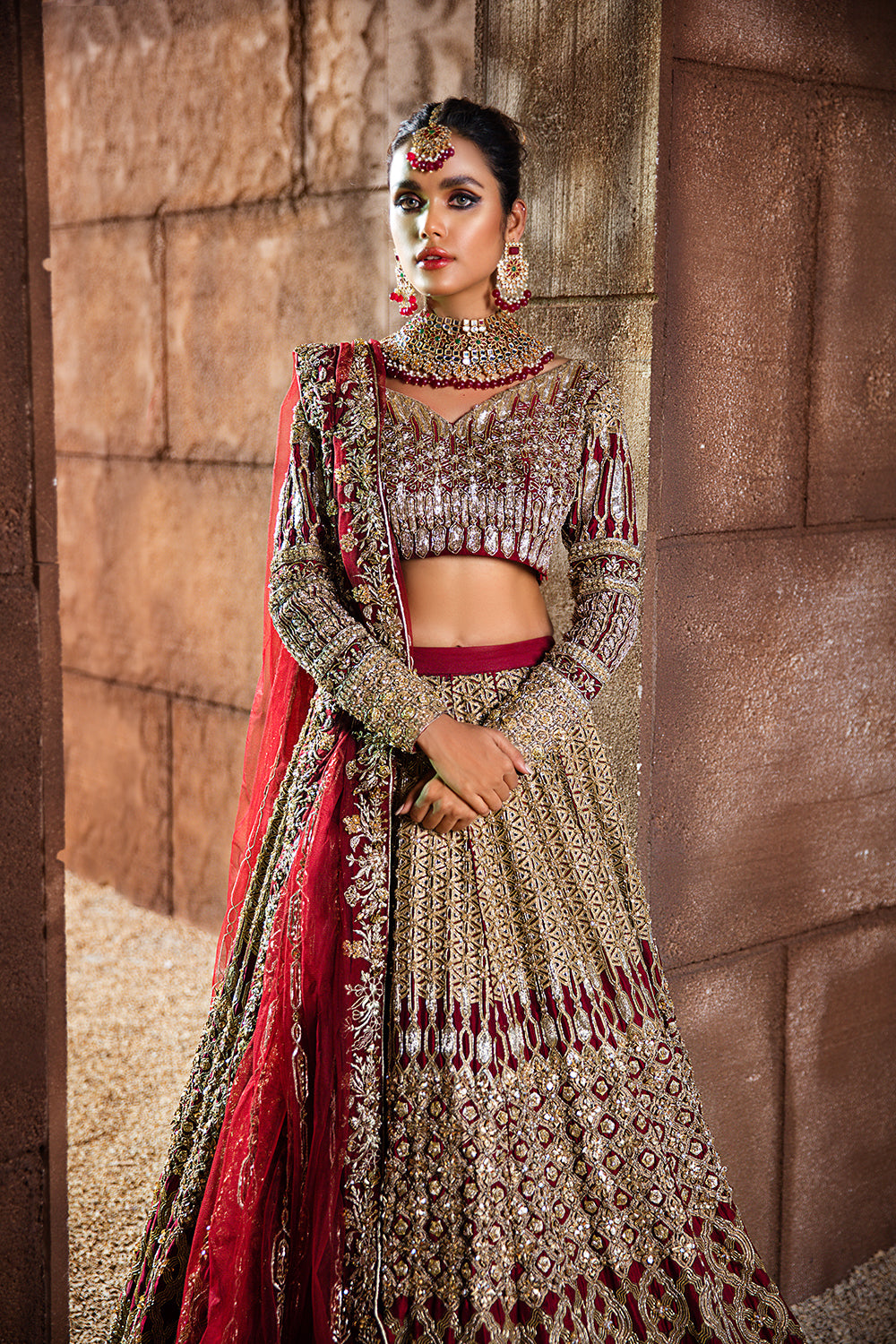 Pakistani Red Embroidered Raw Silk Lehenga Choli (3-Piece) - Image 1