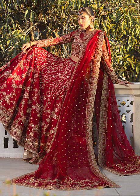 Pakistani Red Gold Embroidered Silk Bridal Lehenga (3-Piece) - Image 3