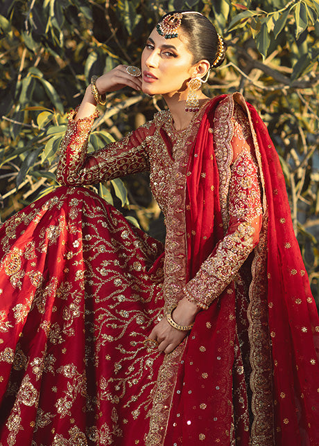 Pakistani Red Gold Embroidered Silk Bridal Lehenga (3-Piece) - Image 4
