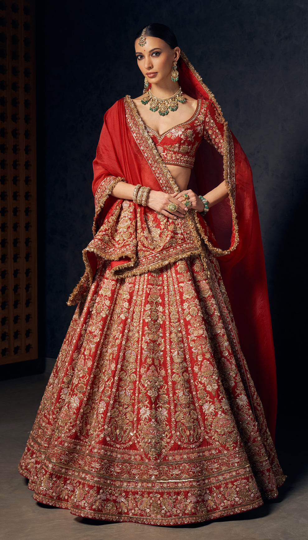 Deep Red Peeta Embroidered Raw Silk Lehenga (3-Piece) - Image 1
