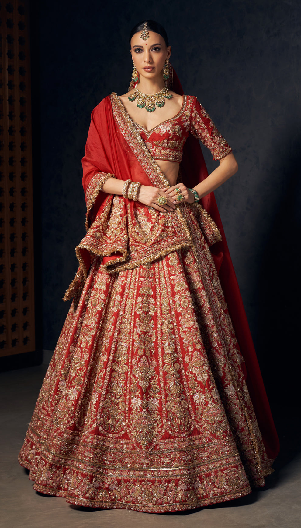 Deep Red Peeta Embroidered Raw Silk Lehenga (3-Piece) - Image 2