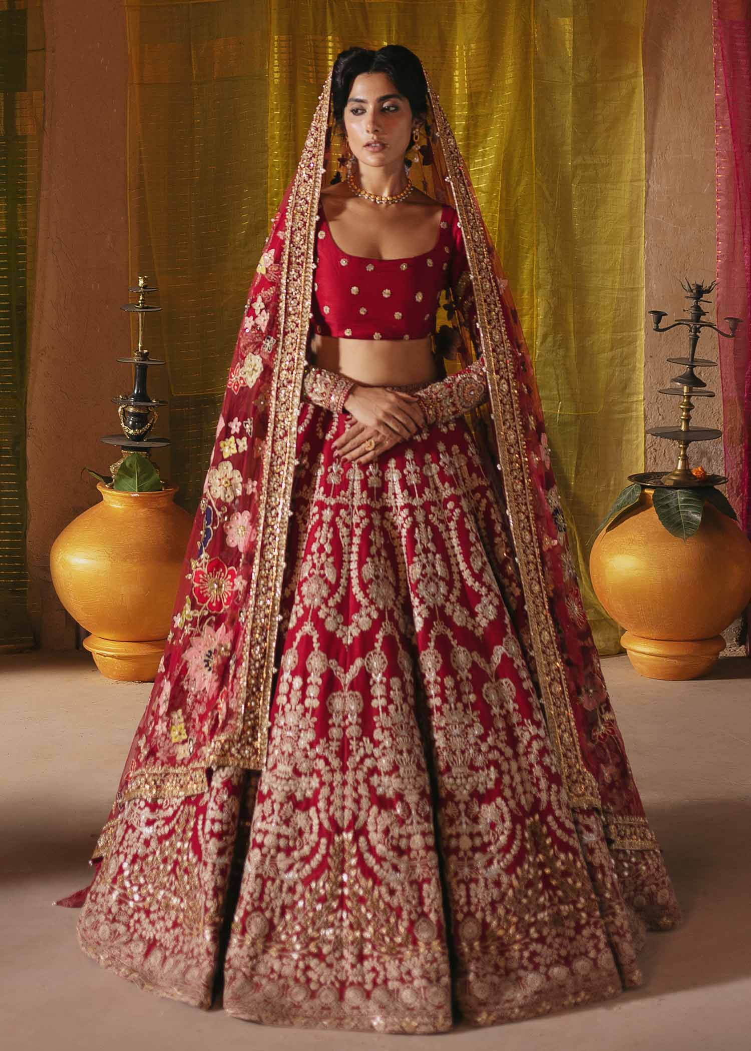 Red Embroidered Raw Silk Lehenga Choli (3-Piece) - Image 1