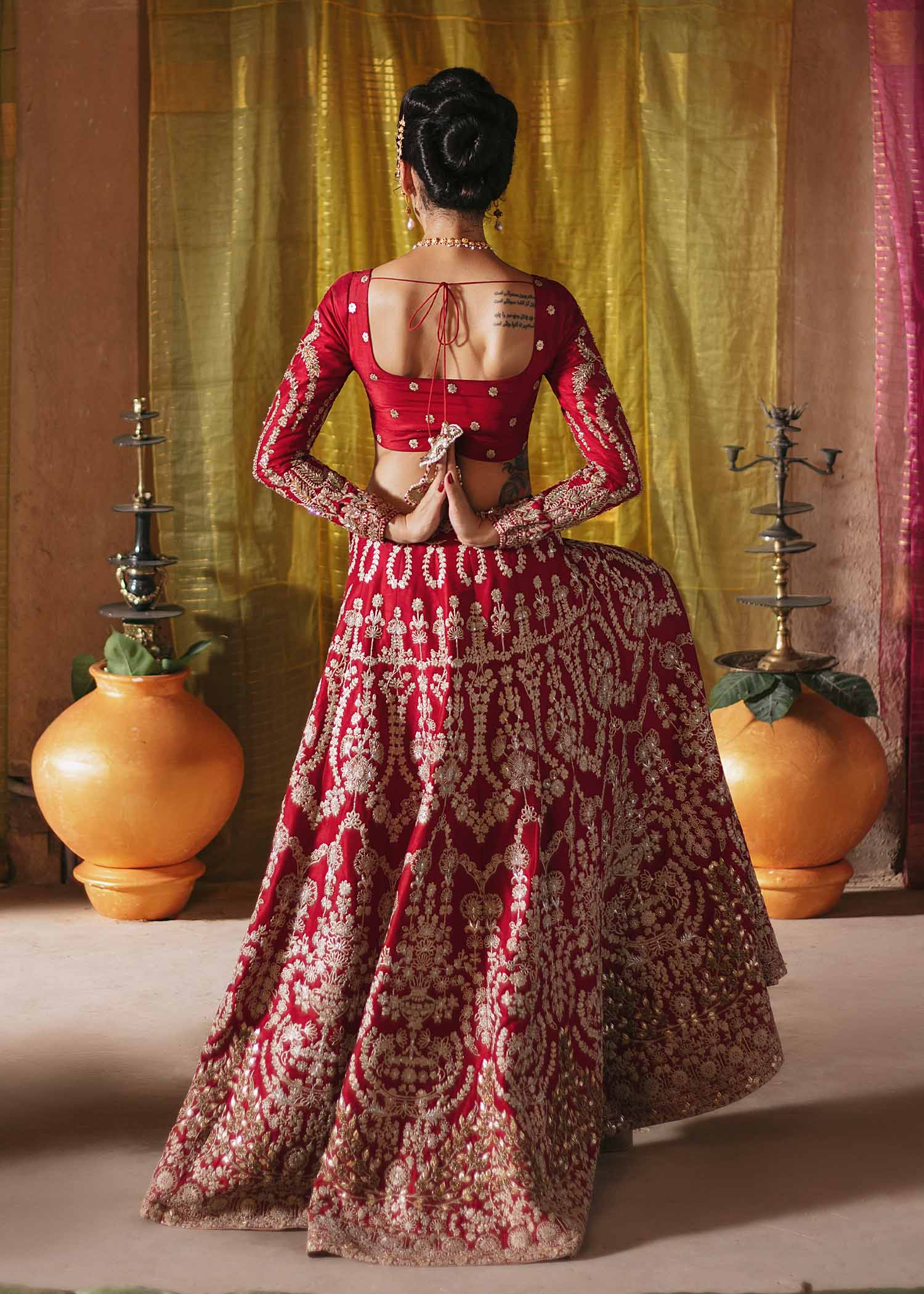 Red Embroidered Raw Silk Lehenga Choli (3-Piece) - Image 3