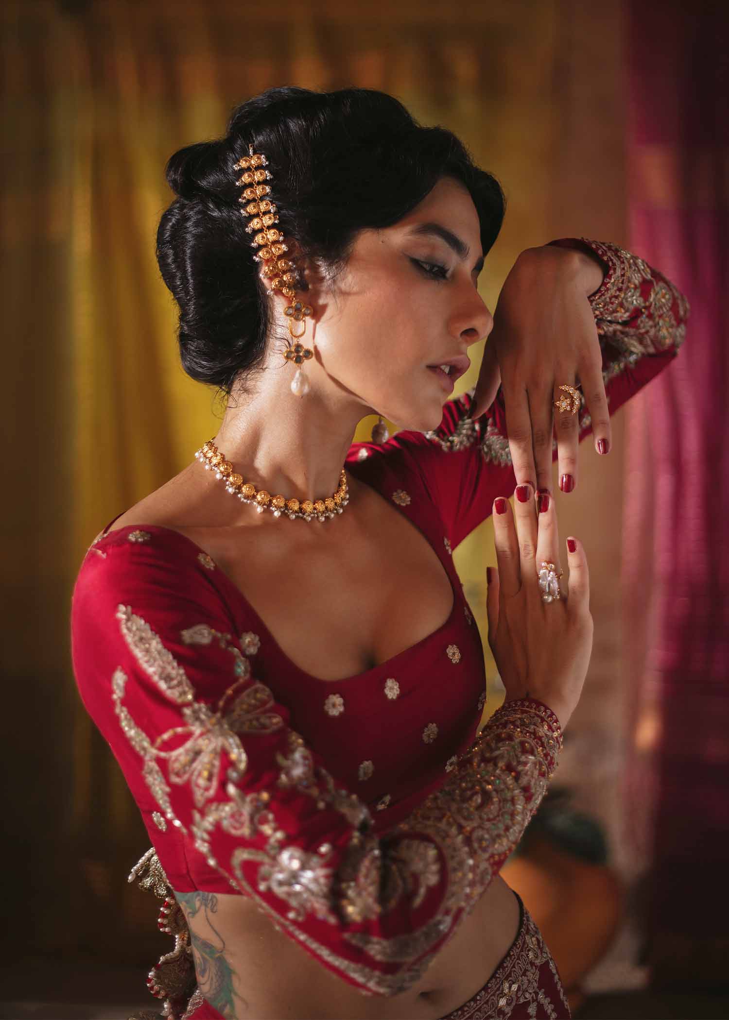 Red Embroidered Raw Silk Lehenga Choli (3-Piece) - Image 6