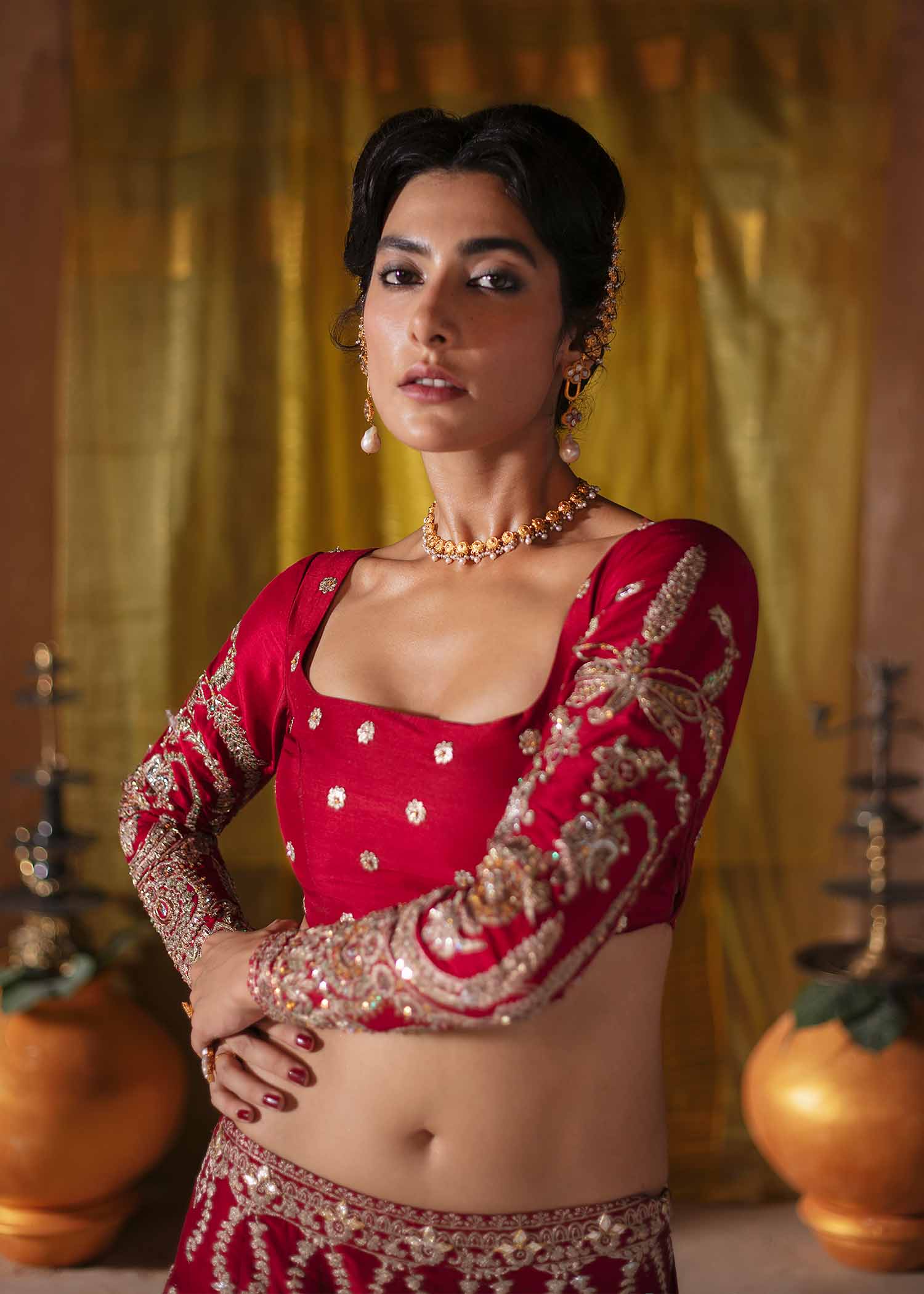 Pakistani Red Embroidered Raw Silk Lehenga Choli (3-Piece) - Image 2