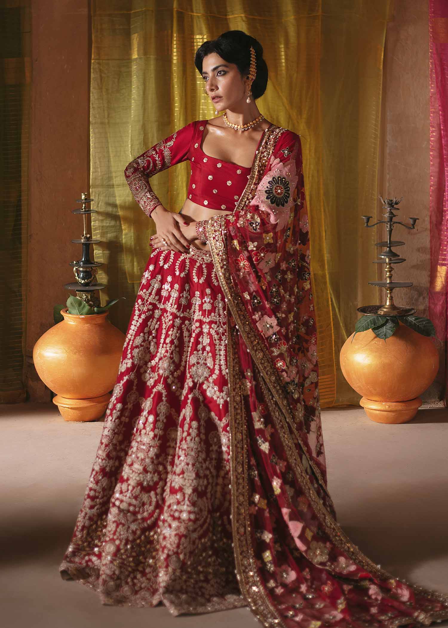 Pakistani Red Embroidered Raw Silk Lehenga Choli (3-Piece) - Image 4