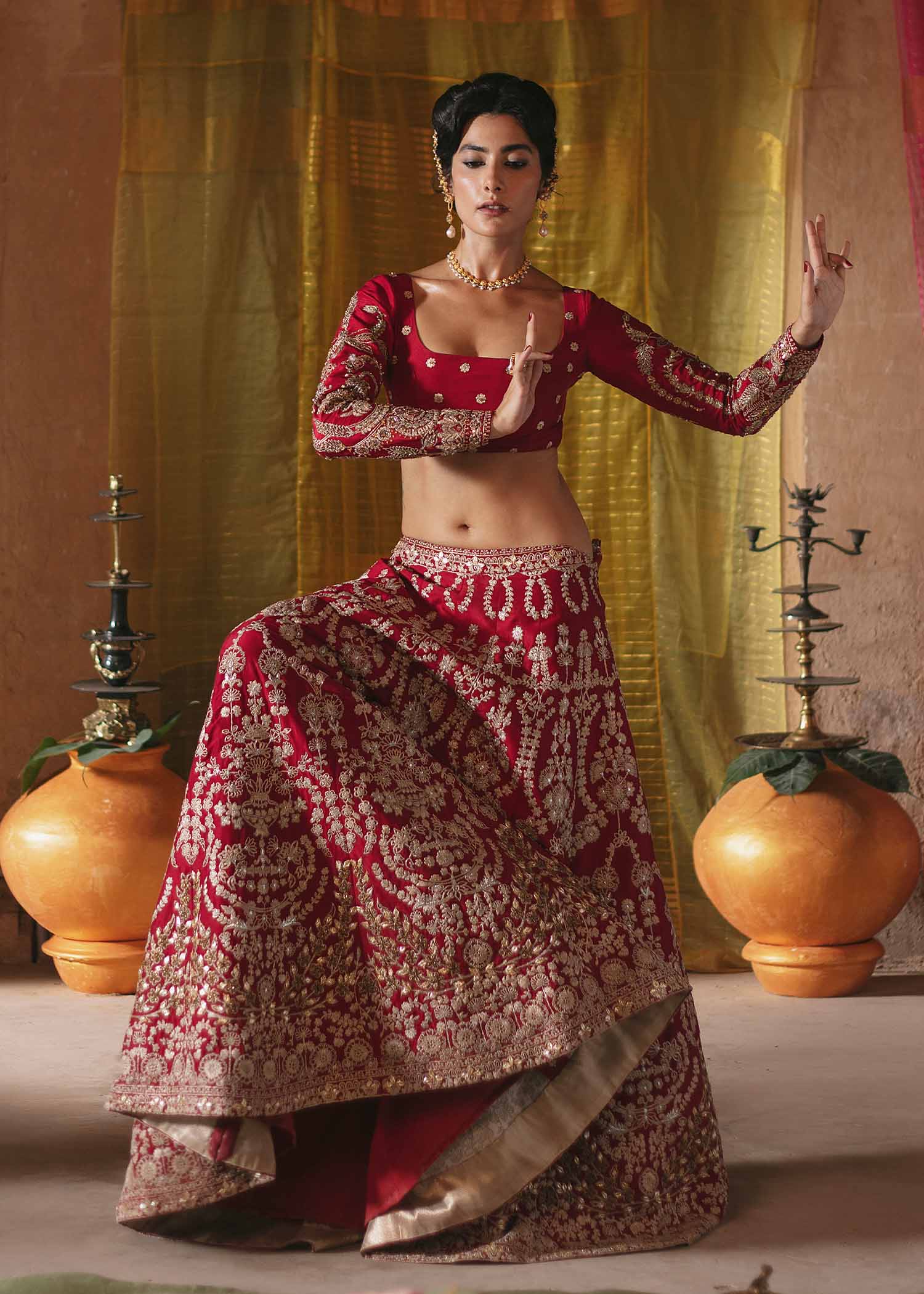 Pakistani Red Embroidered Raw Silk Lehenga Choli (3-Piece) - Image 5