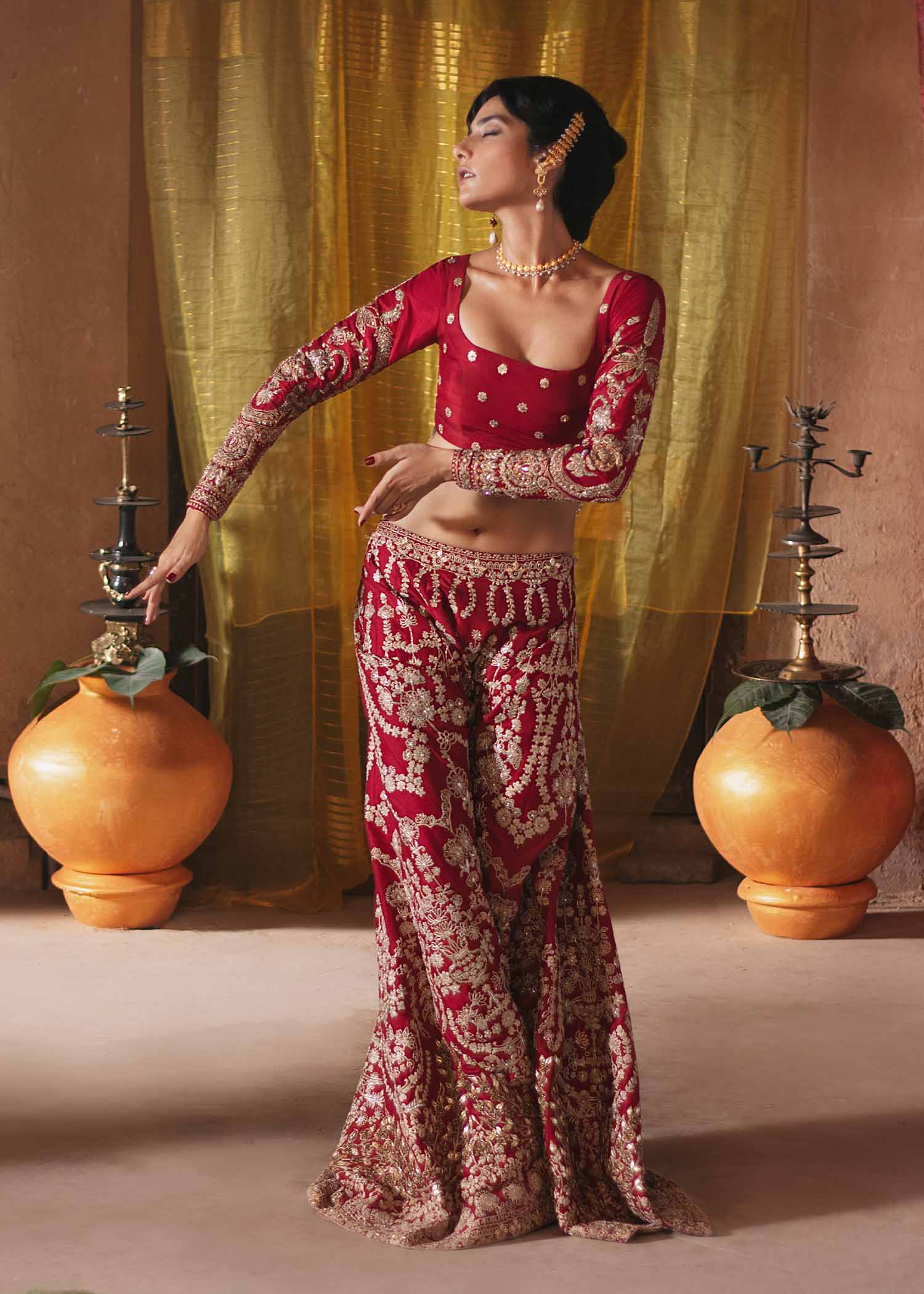 Pakistani Red Embroidered Raw Silk Lehenga Choli (3-Piece) - Image 7