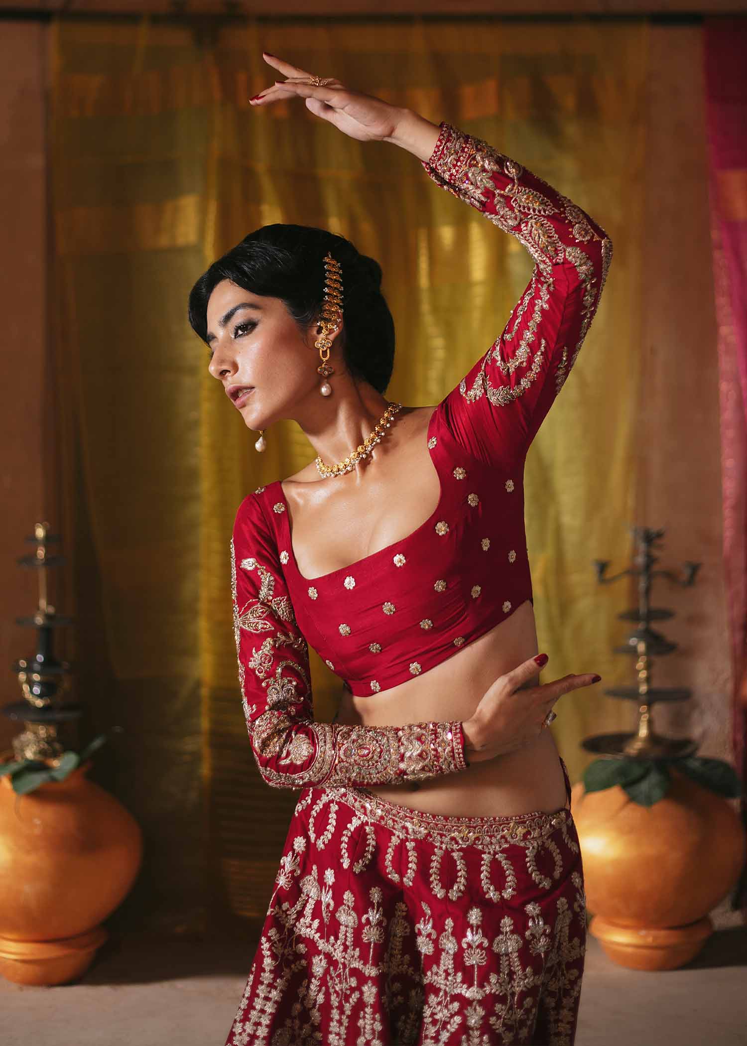 Pakistani Red Embroidered Raw Silk Lehenga Choli (3-Piece) - Image 8