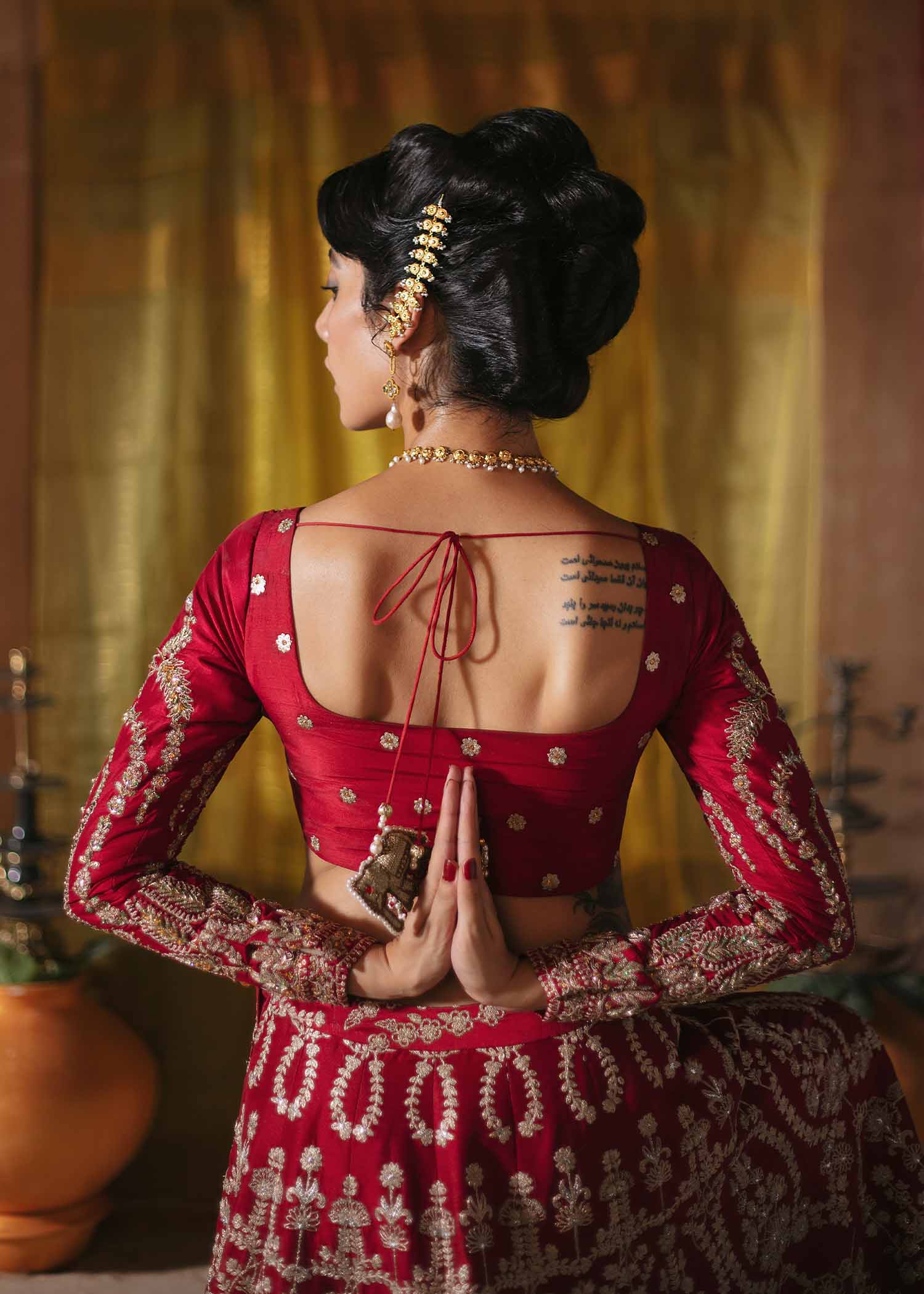 Pakistani Red Embroidered Raw Silk Lehenga Choli (3-Piece) - Image 9