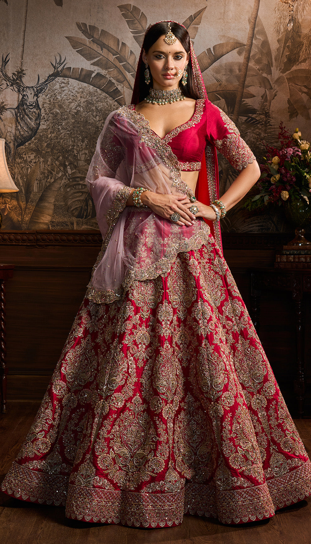 Crimson Red Resham & Aari Embroidered Raw Silk Lehenga (3-Piece) - Image 1