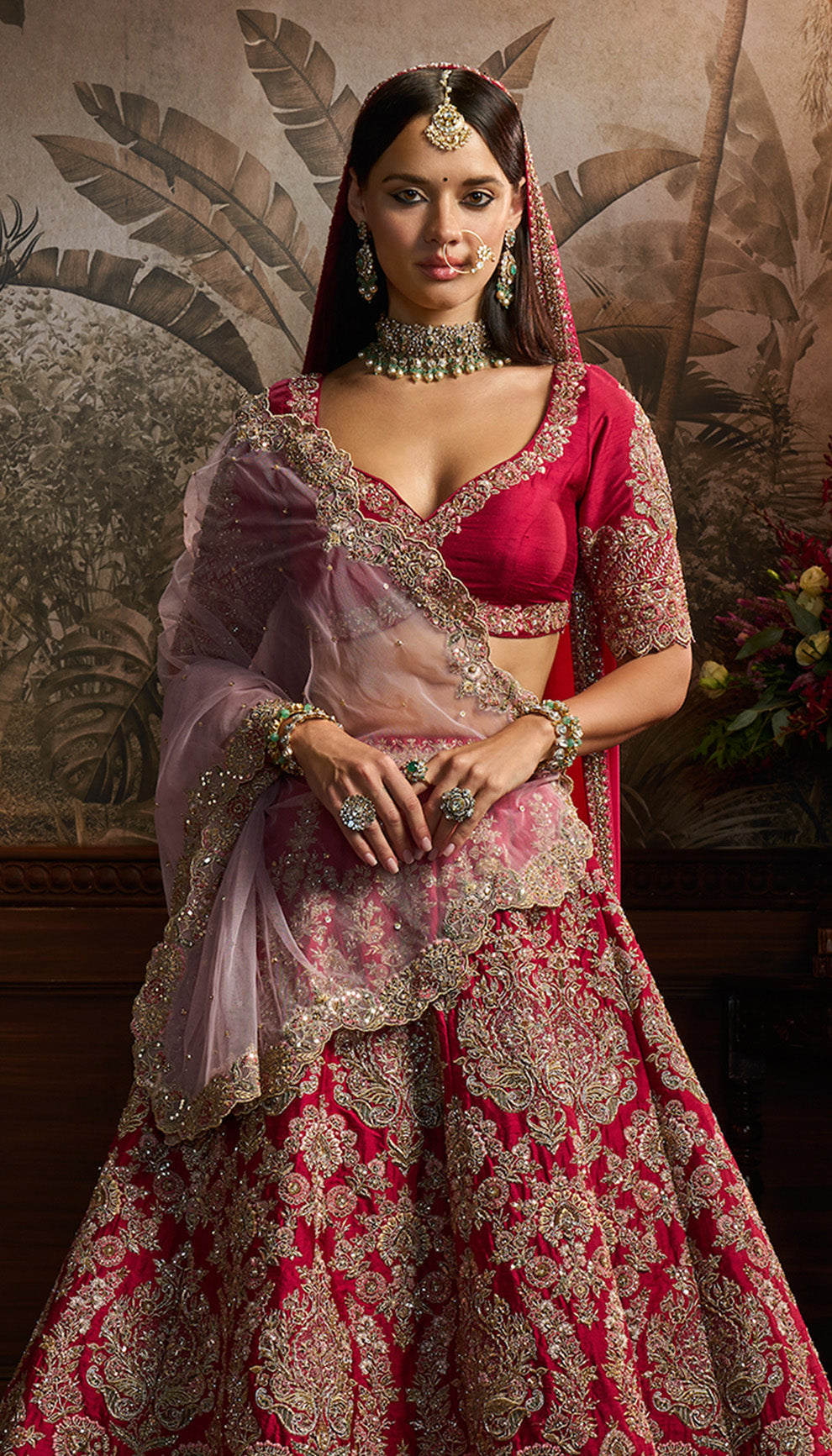 Crimson Red Resham & Aari Embroidered Raw Silk Lehenga (3-Piece) - Image 2