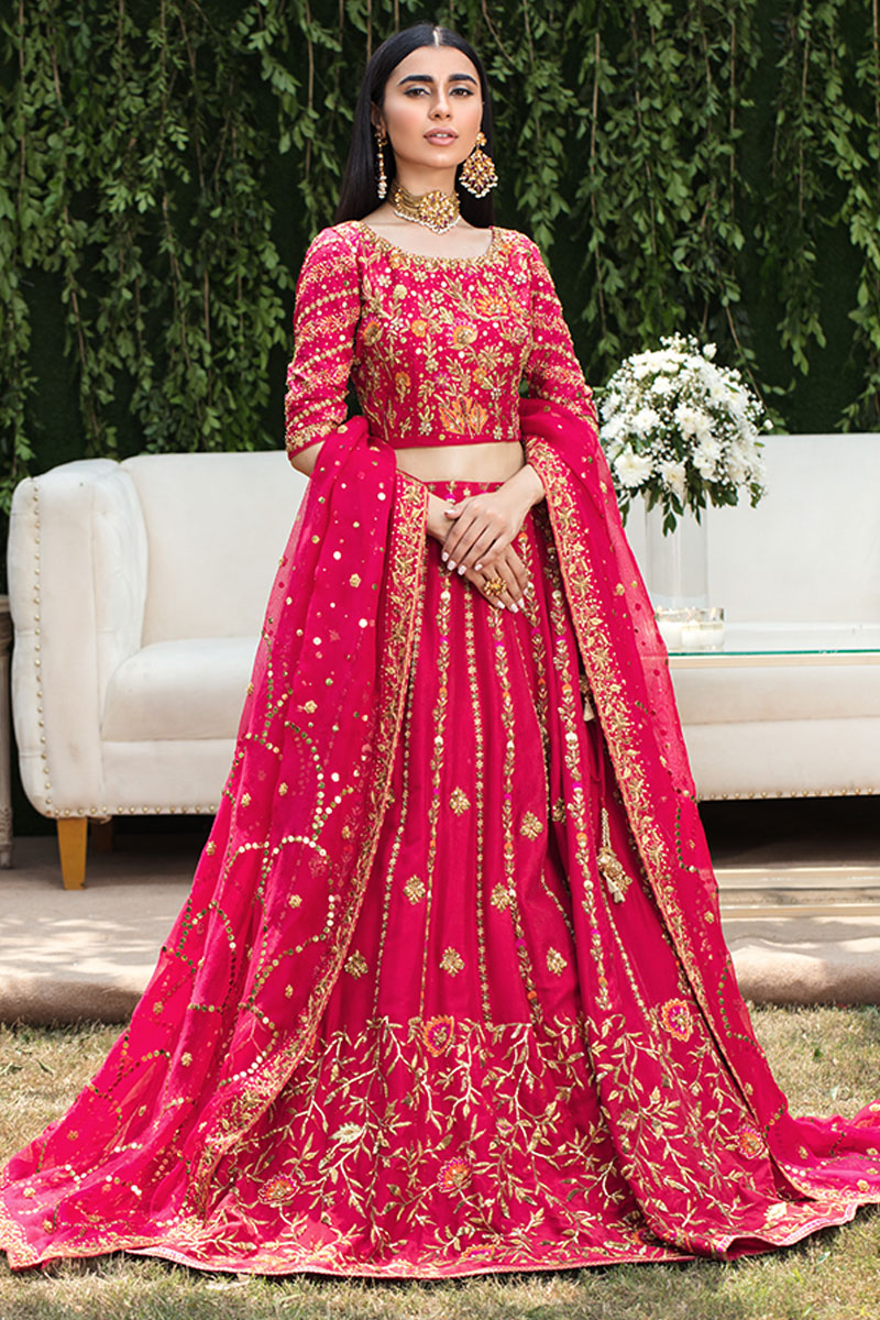 Pakistani Cherry Red Embroidered Raw Silk Lehenga (3-Piece) - Image 1