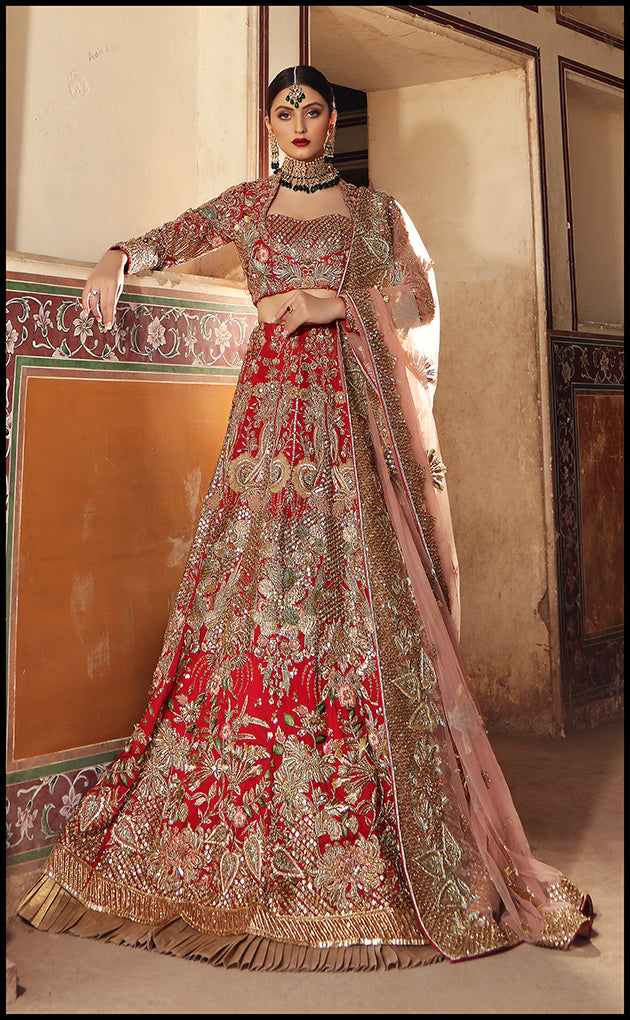Pakistani Red Embroidered Raw Silk Bridal Lehenga (3-Piece) - Image 1