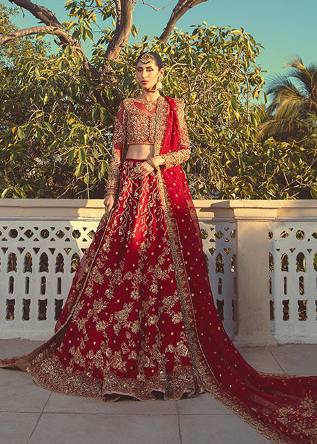 Pakistani Red Gold Embroidered Pure Raw Silk Bridal Lehenga (3-Piece) - Image 1