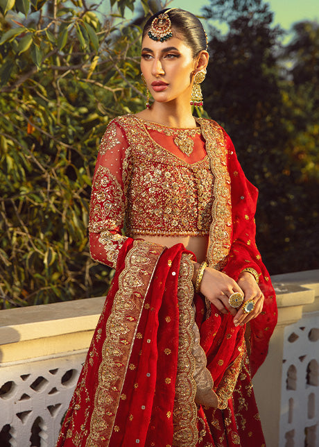 Pakistani Red Gold Embroidered Pure Raw Silk Bridal Lehenga (3-Piece) - Image 2