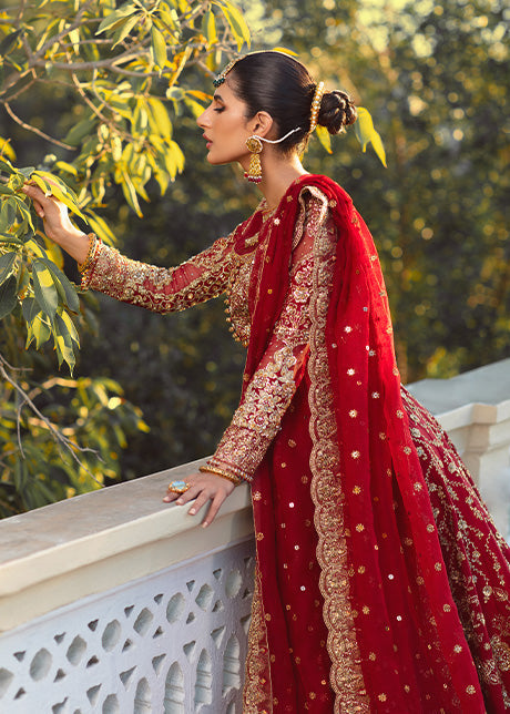 Pakistani Red Gold Embroidered Pure Raw Silk Bridal Lehenga (3-Piece) - Image 5