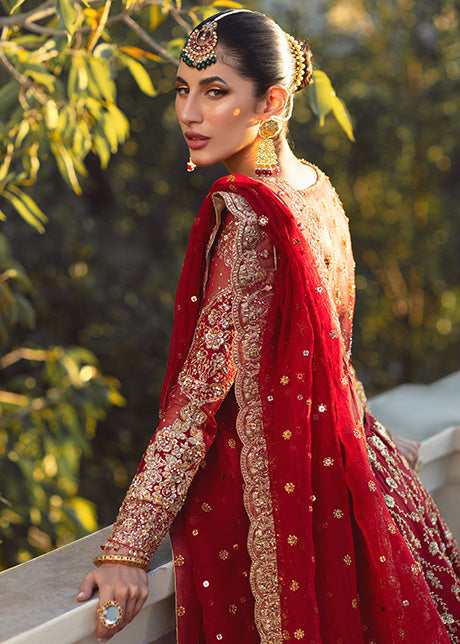 Pakistani Red Gold Embroidered Pure Raw Silk Bridal Lehenga (3-Piece) - Image 6