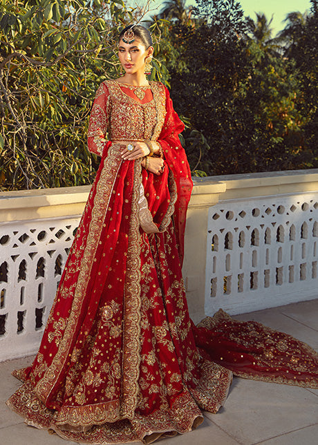 Pakistani Red Gold Embroidered Pure Raw Silk Bridal Lehenga (3-Piece) - Image 7
