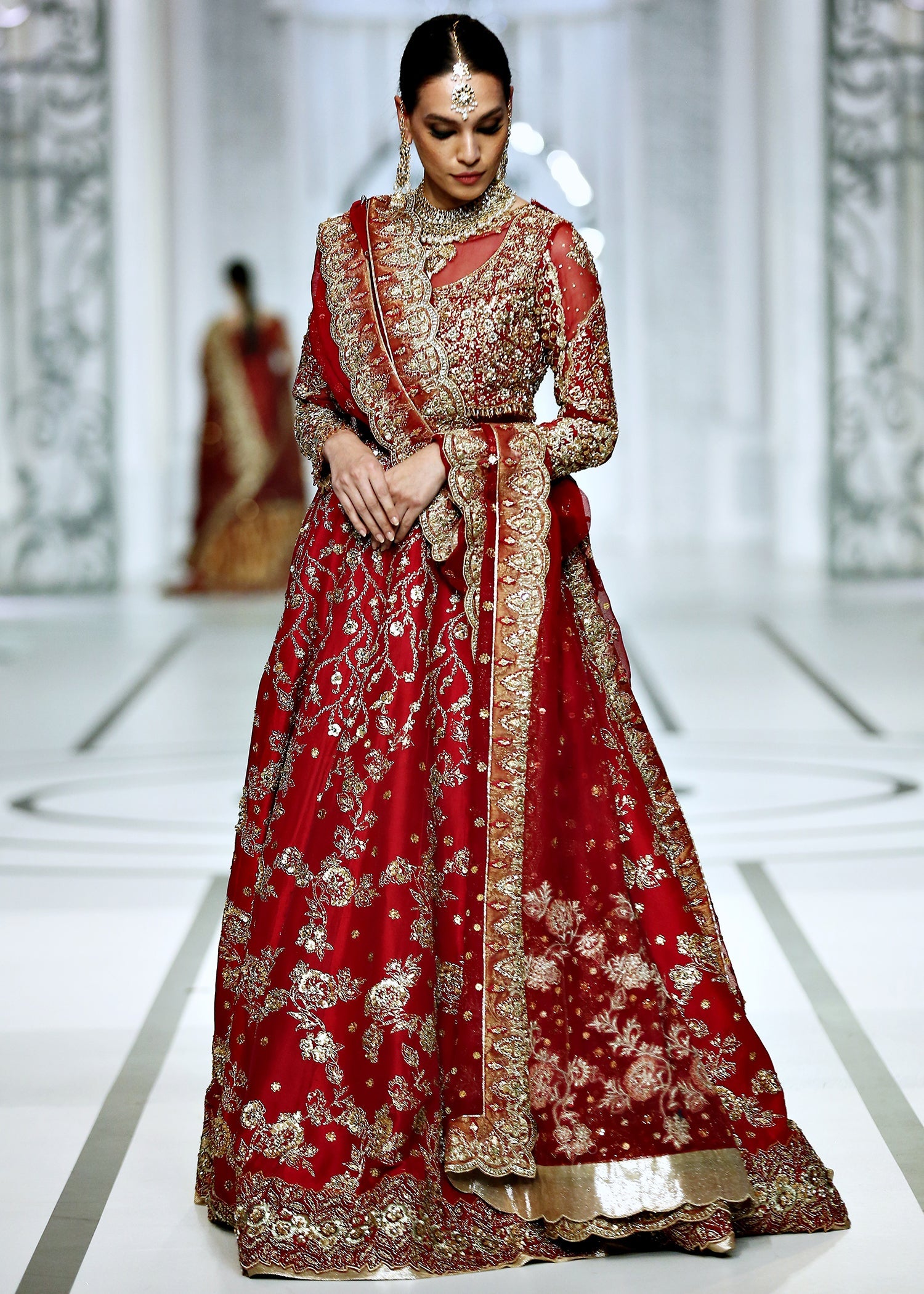 Pakistani Red Gold Embroidered Pure Raw Silk Bridal Lehenga (3-Piece) - Image 8