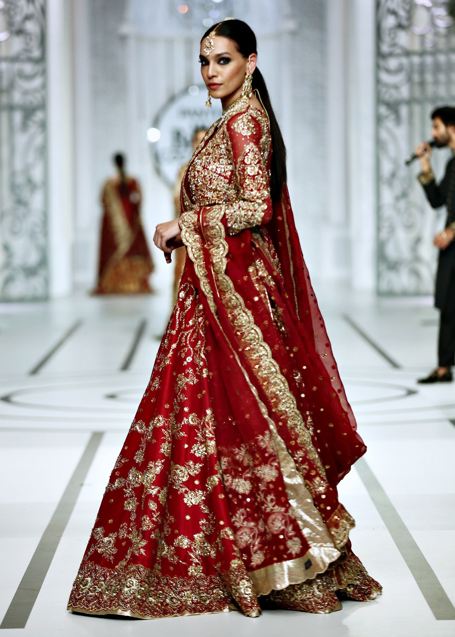 Pakistani Red Gold Embroidered Pure Raw Silk Bridal Lehenga (3-Piece) - Image 9