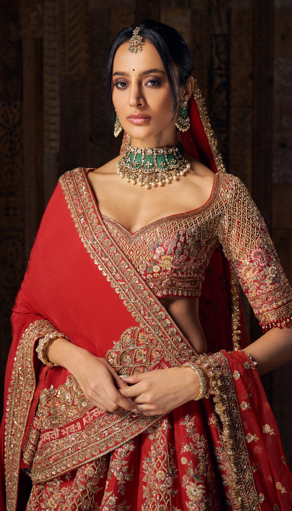 Indian Red Zardozi Embroidered Raw Silk Lehenga (3-Piece) - Image 2