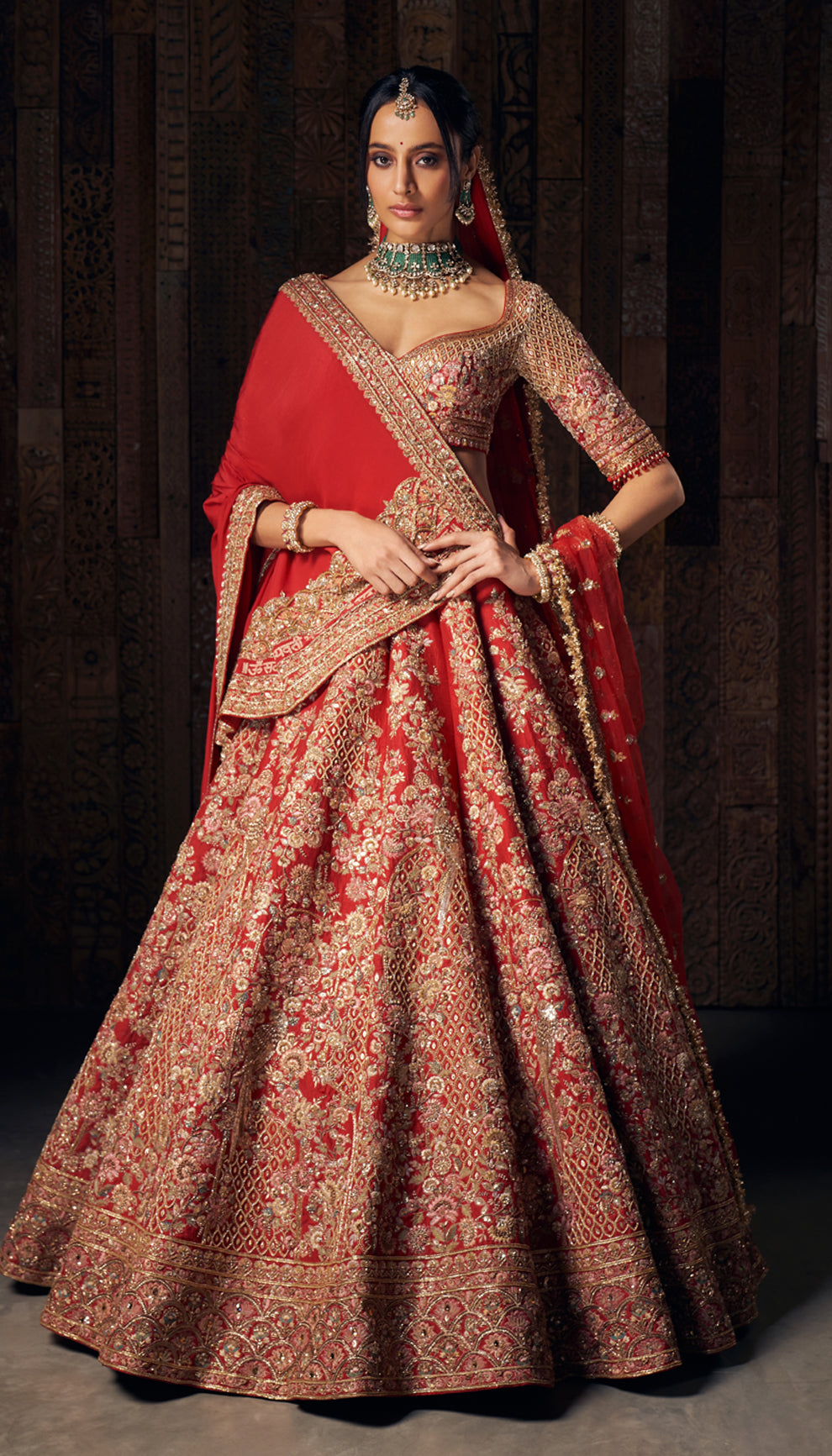 Indian Red Zardozi Embroidered Raw Silk Lehenga (3-Piece) - Image 3