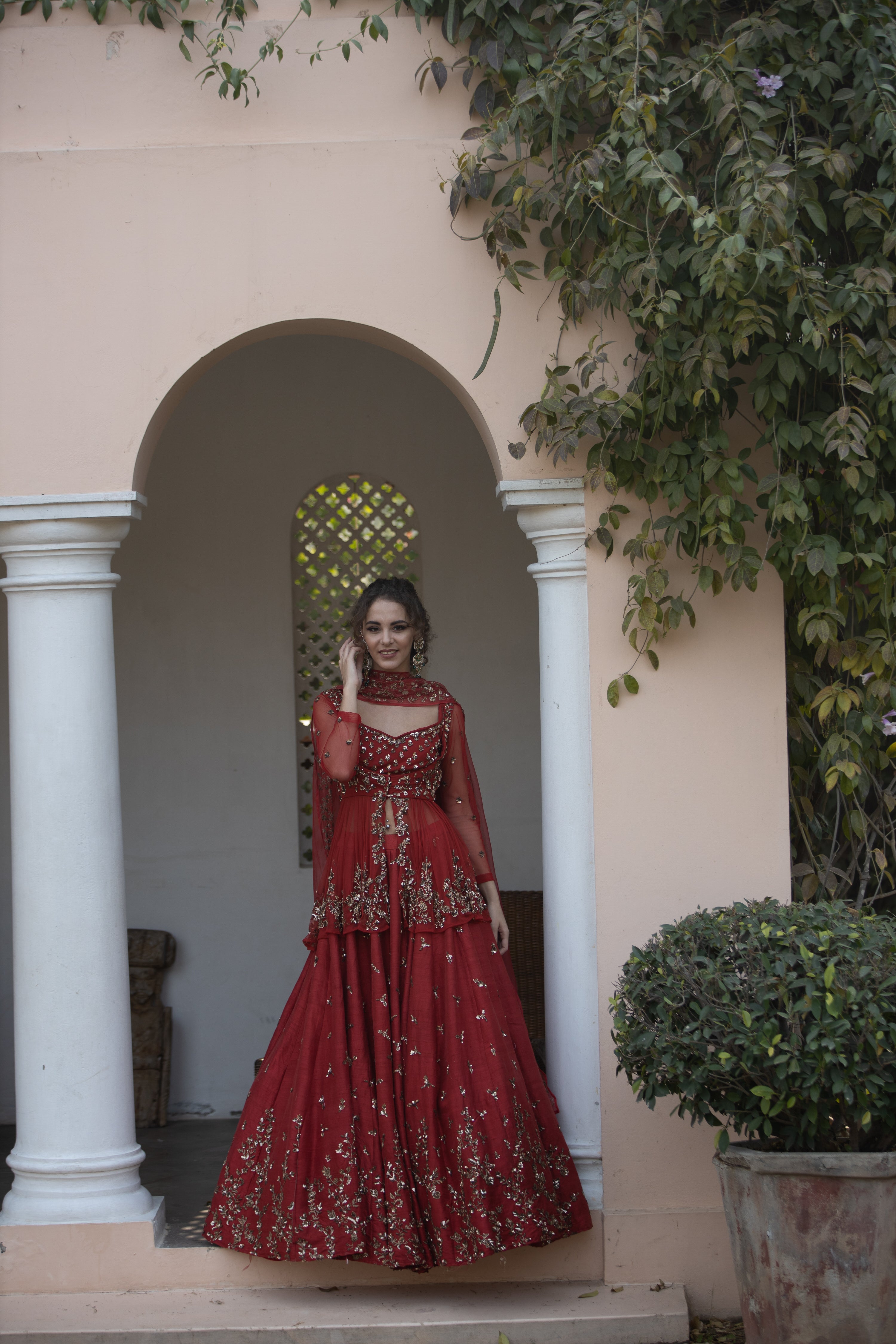Red Sequin Raw Silk Lehenga Set (3-Piece) - Image 1