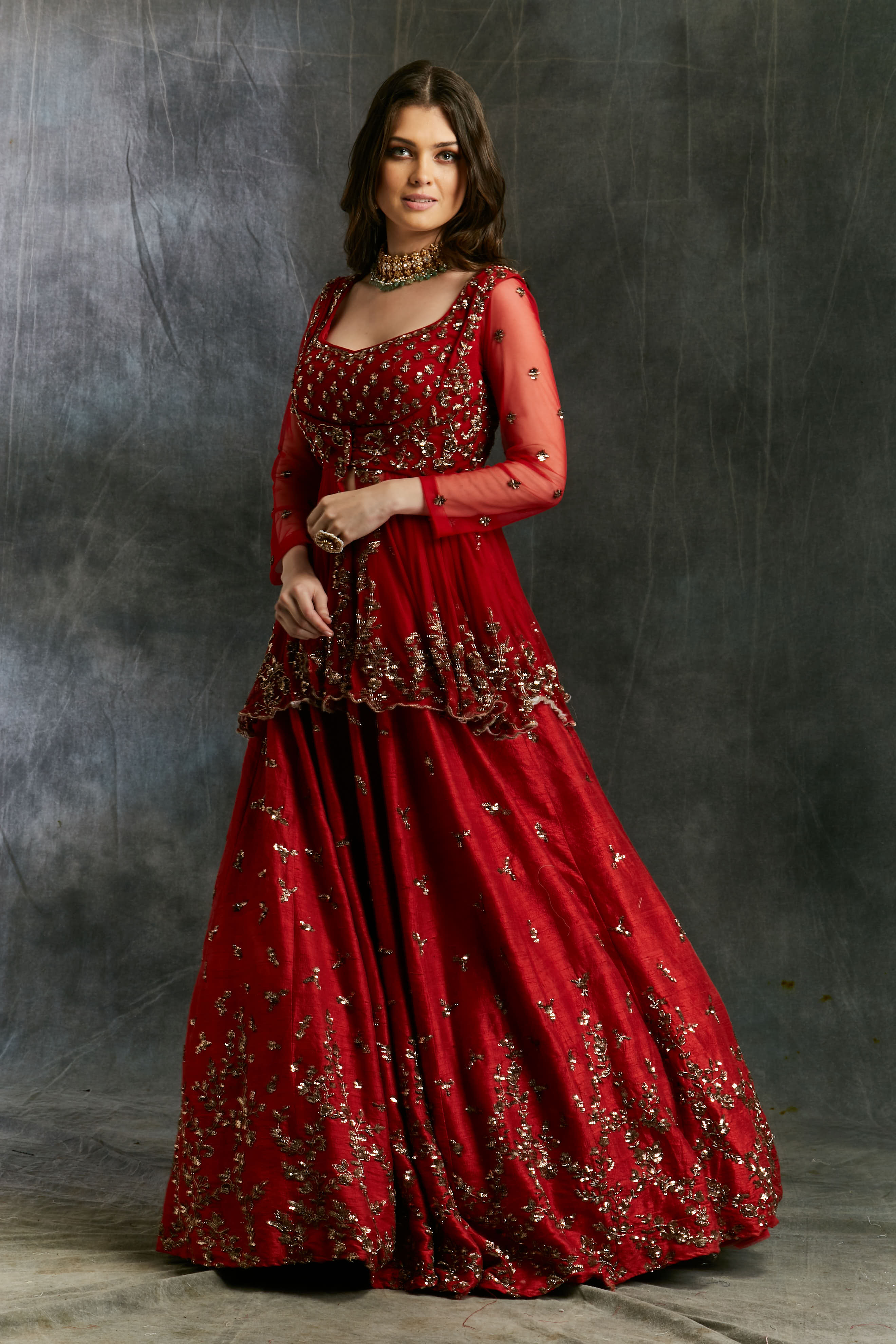Red Sequin Raw Silk Lehenga Set (3-Piece) - Image 10