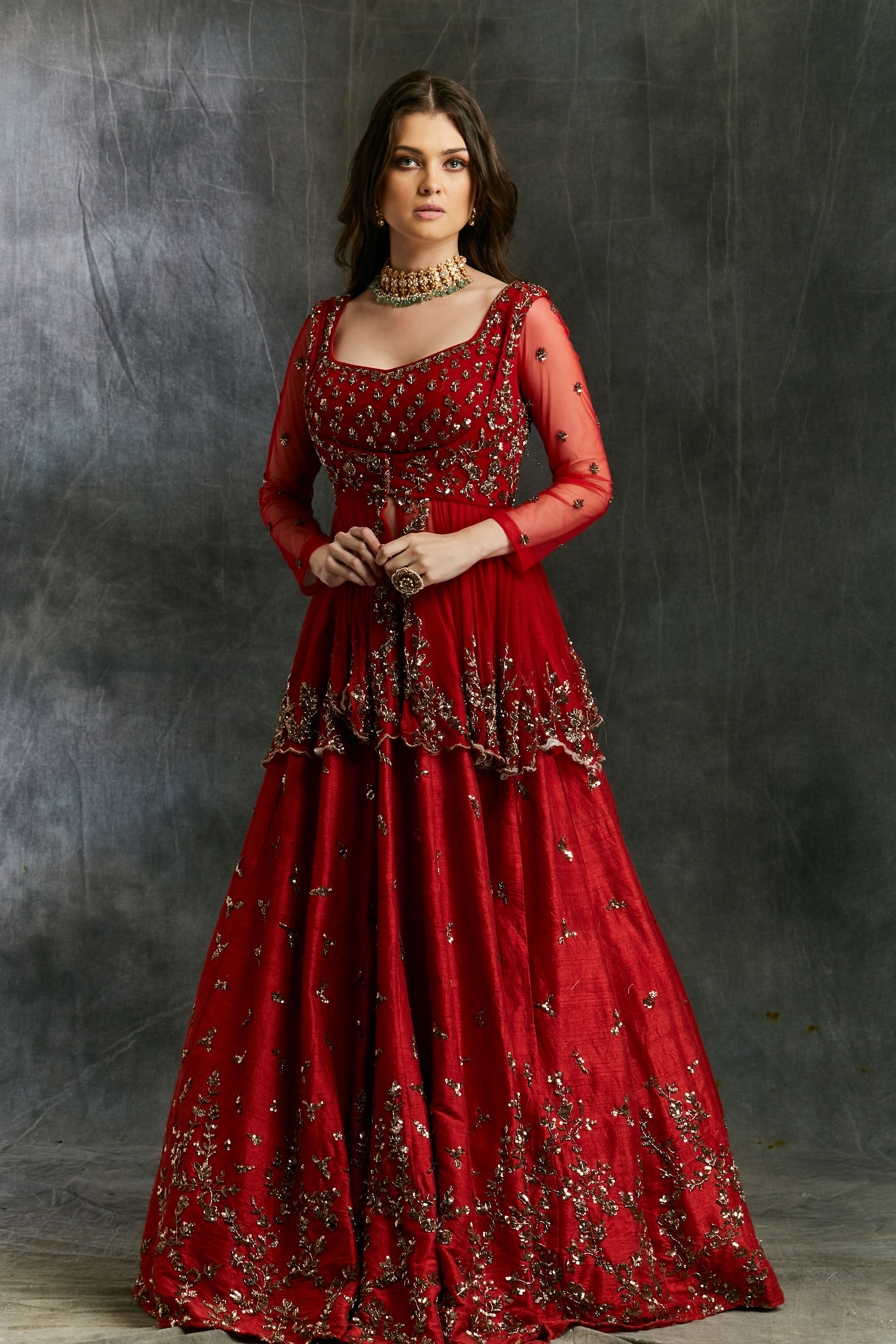 Red Sequin Raw Silk Lehenga Set (3-Piece) - Image 11