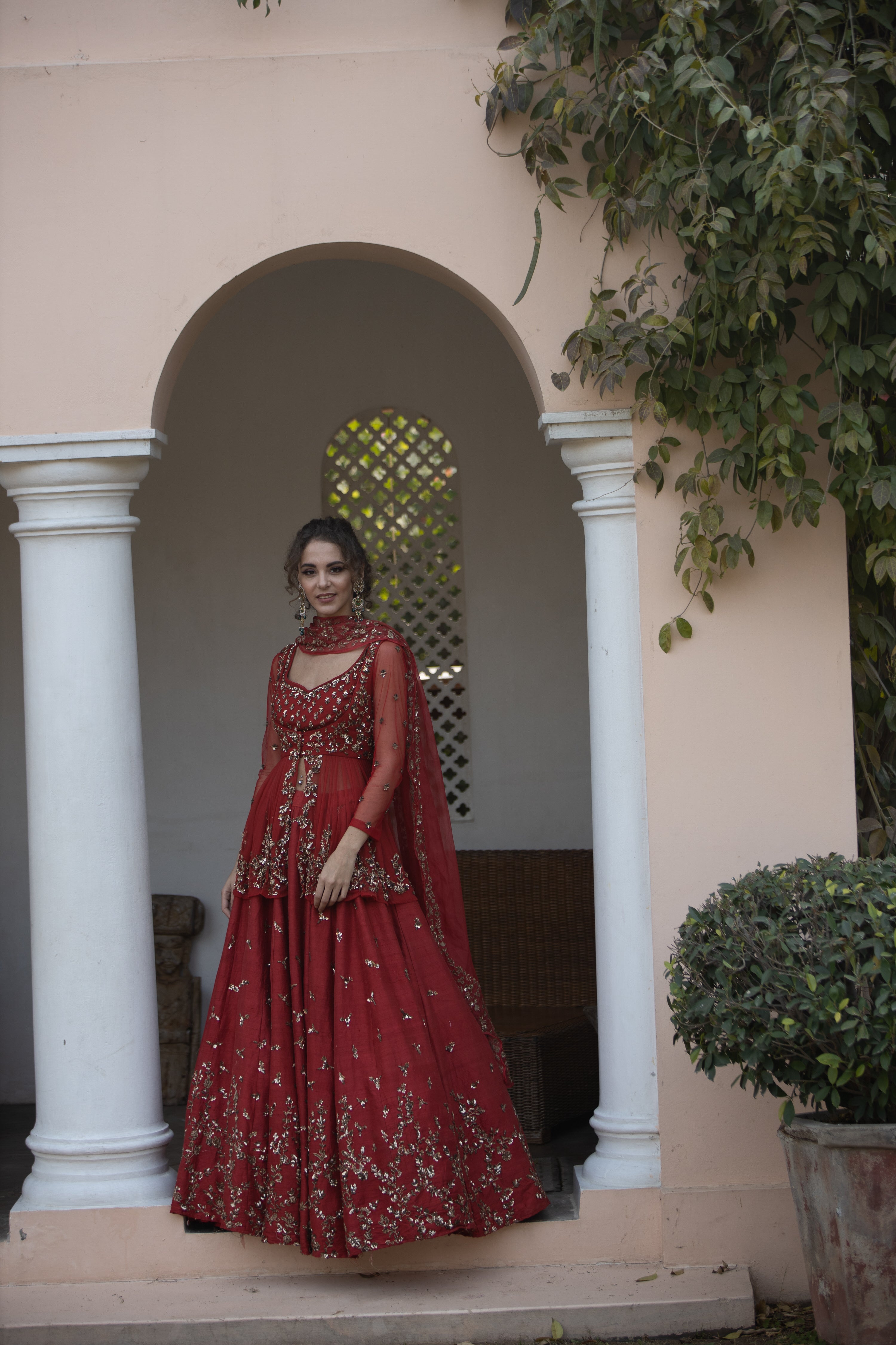 Red Sequin Raw Silk Lehenga Set (3-Piece) - Image 4