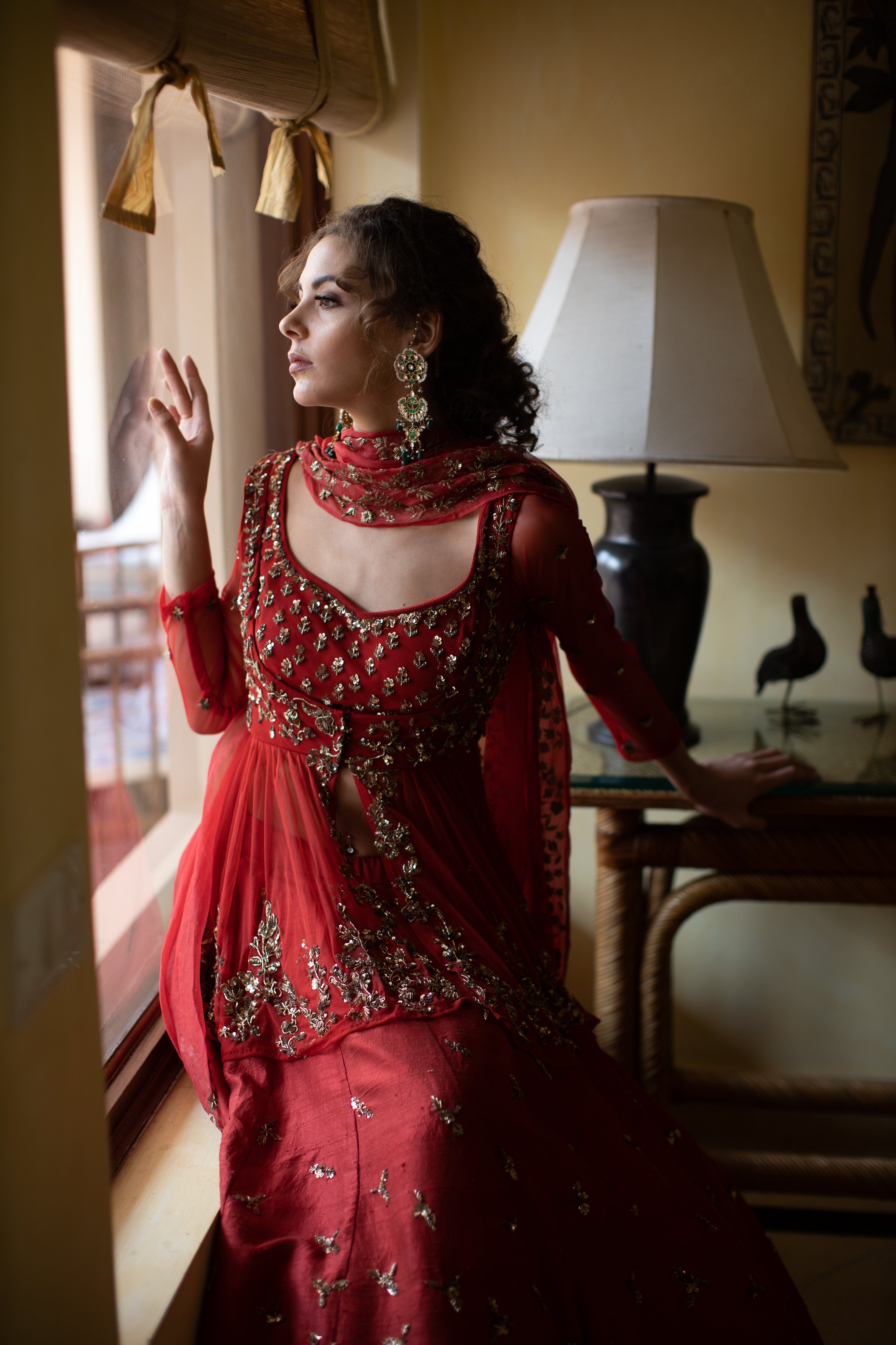 Red Sequin Raw Silk Lehenga Set (3-Piece) - Image 6