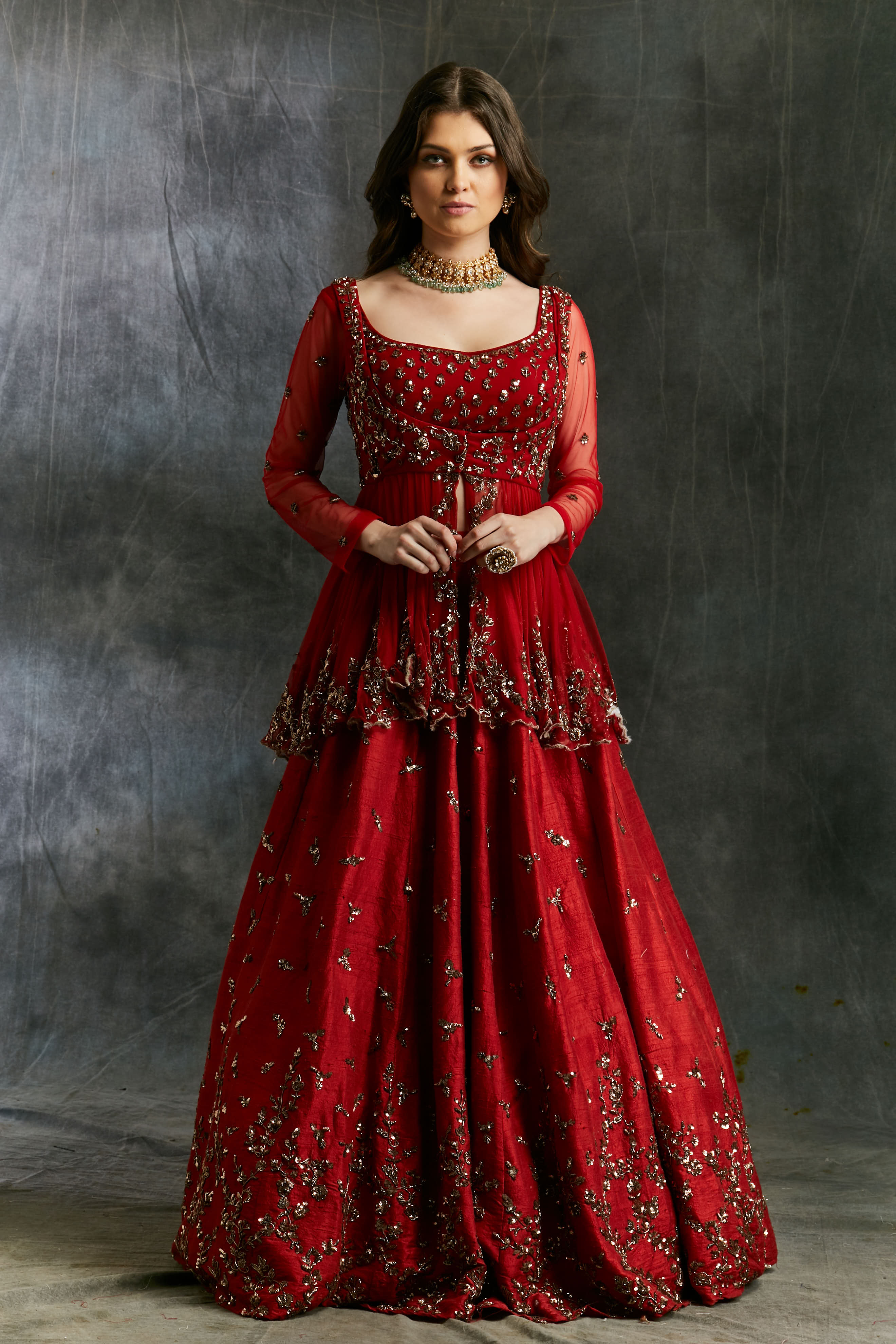 Red Sequin Raw Silk Lehenga Set (3-Piece) - Image 7