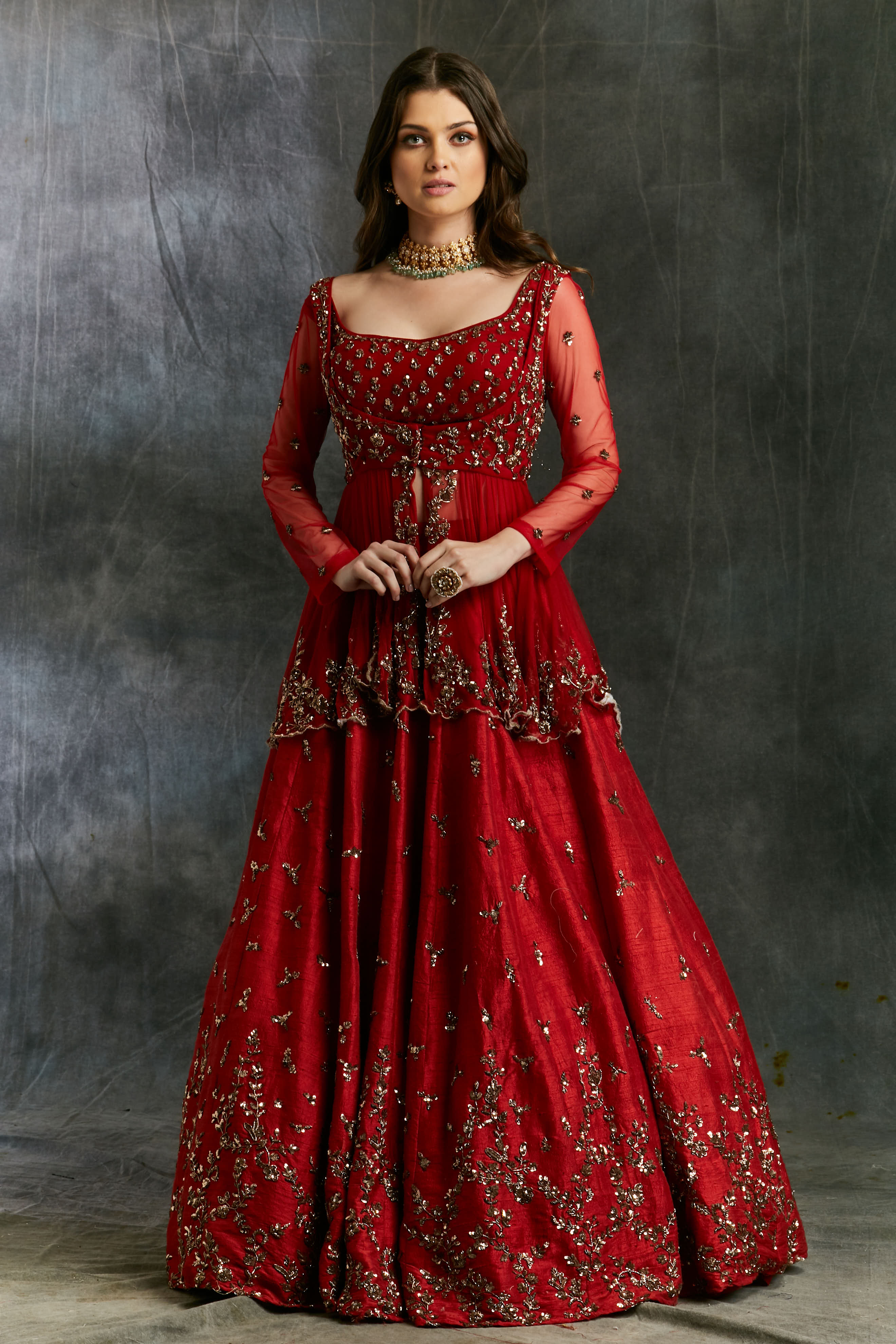 Red Sequin Raw Silk Lehenga Set (3-Piece) - Image 8