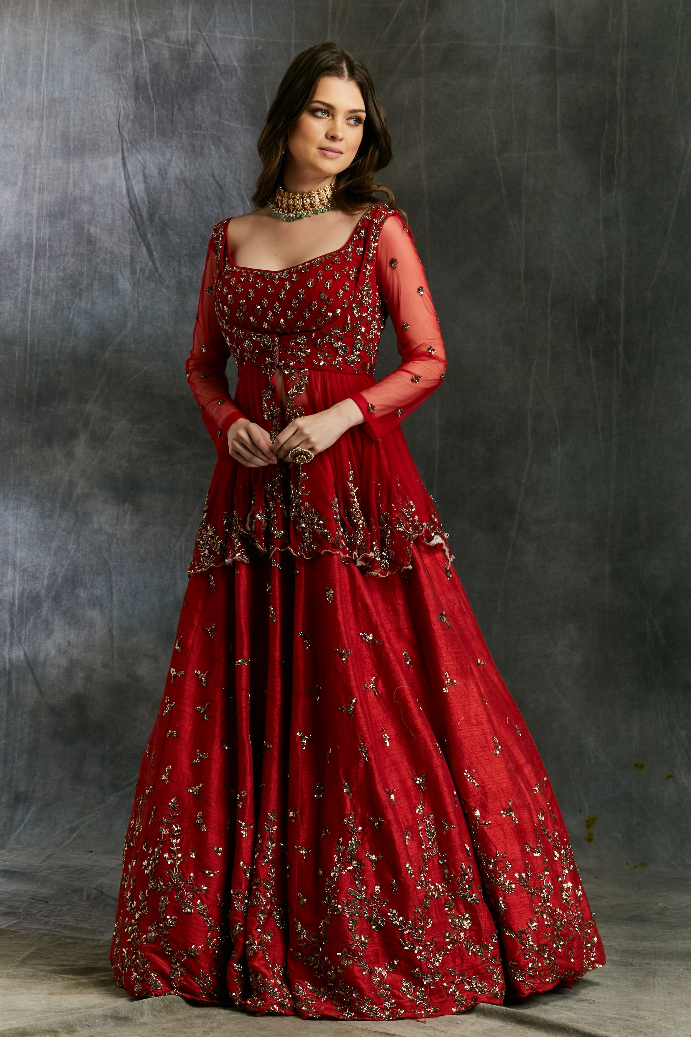 Red Sequin Raw Silk Lehenga Set (3-Piece) - Image 9