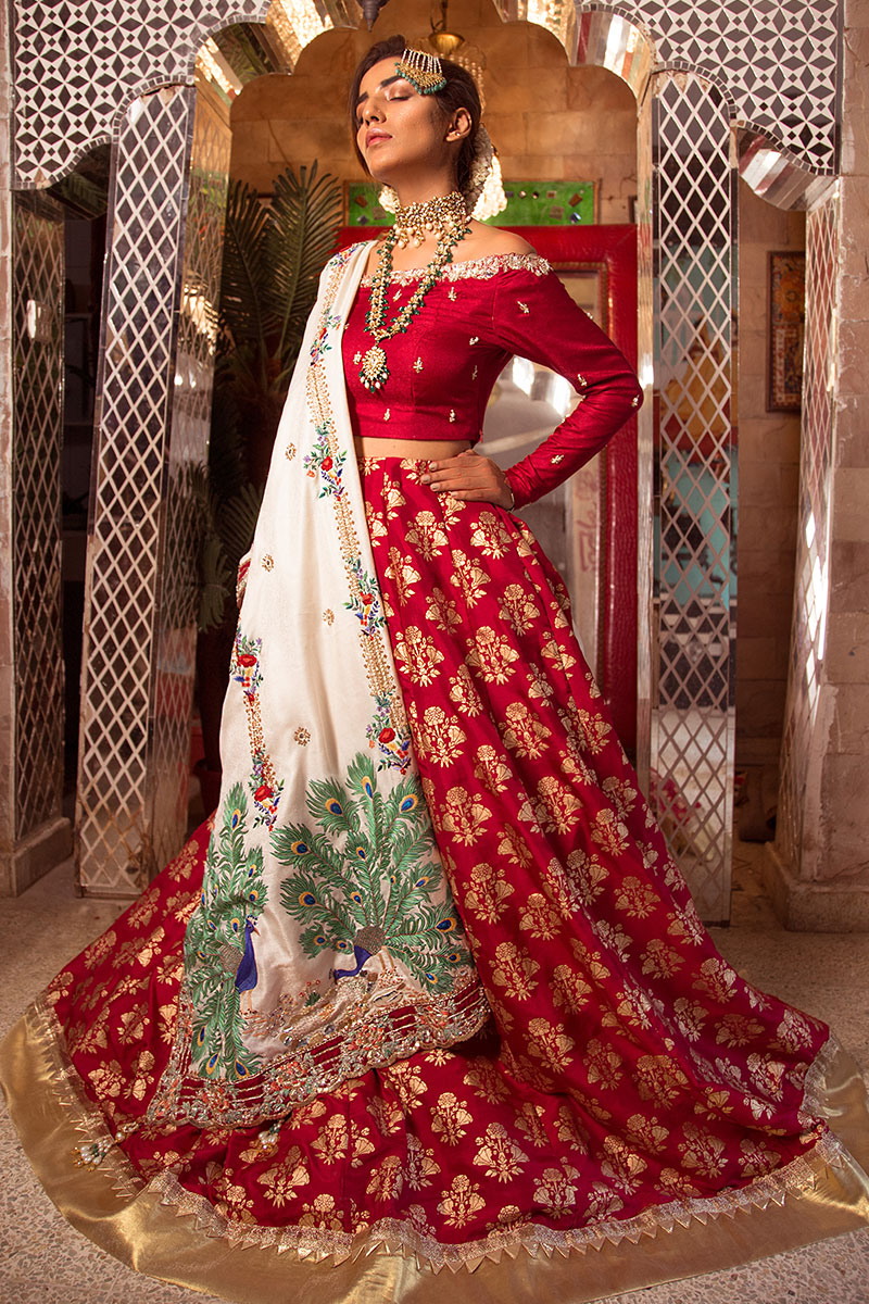 Red Embroidered Raw Silk Lehenga Set (3-Piece) - Image 1