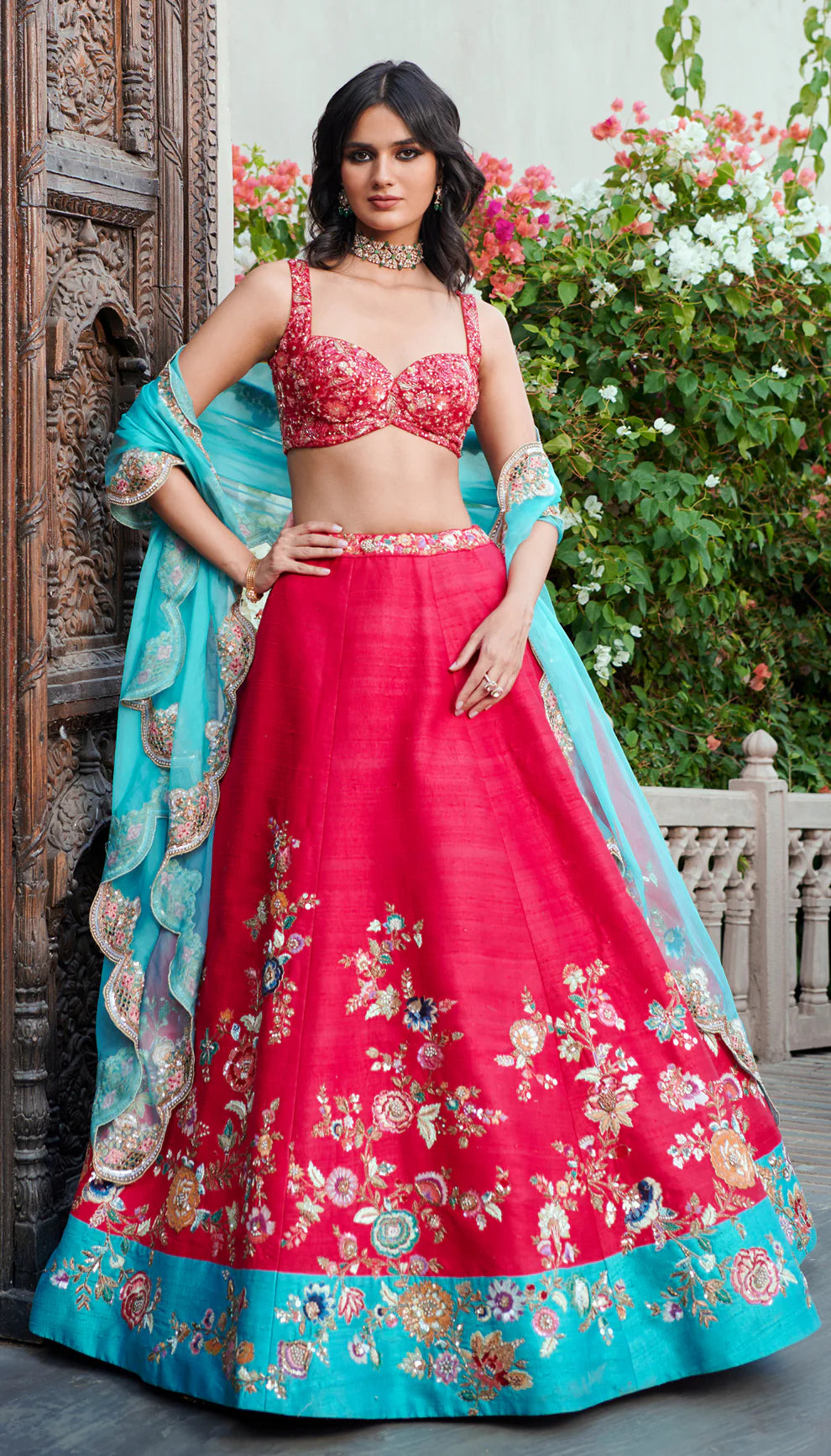 Scarlet Embroidered Raw Silk Lehenga (3-Piece) - Image 1