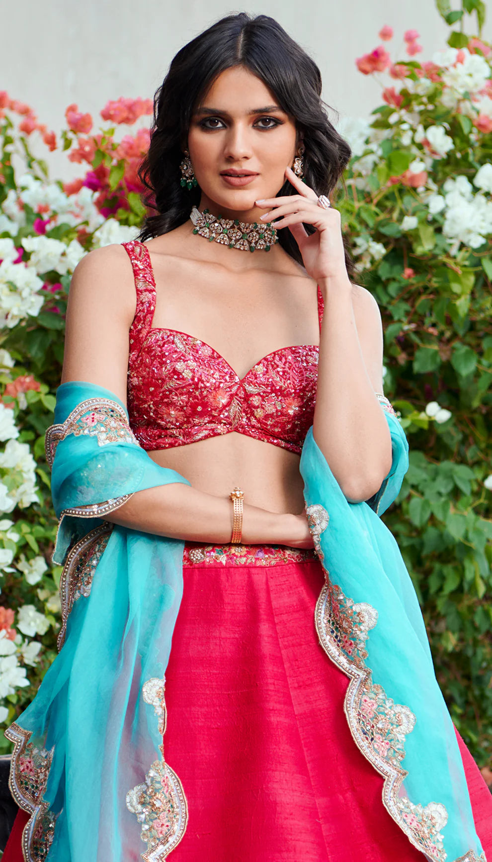 Scarlet Embroidered Raw Silk Lehenga (3-Piece) - Image 2