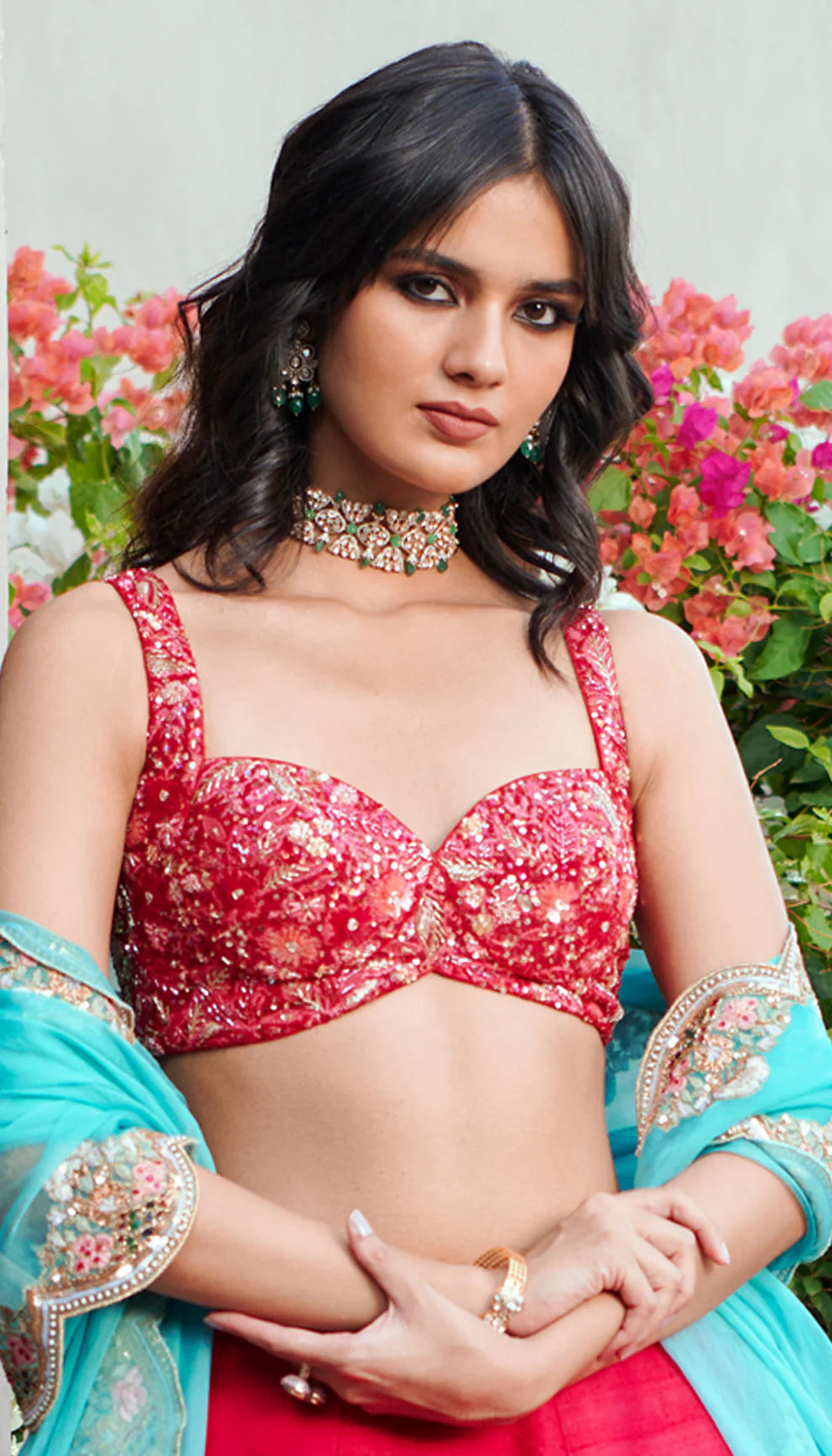 Scarlet Embroidered Raw Silk Lehenga (3-Piece) - Image 3