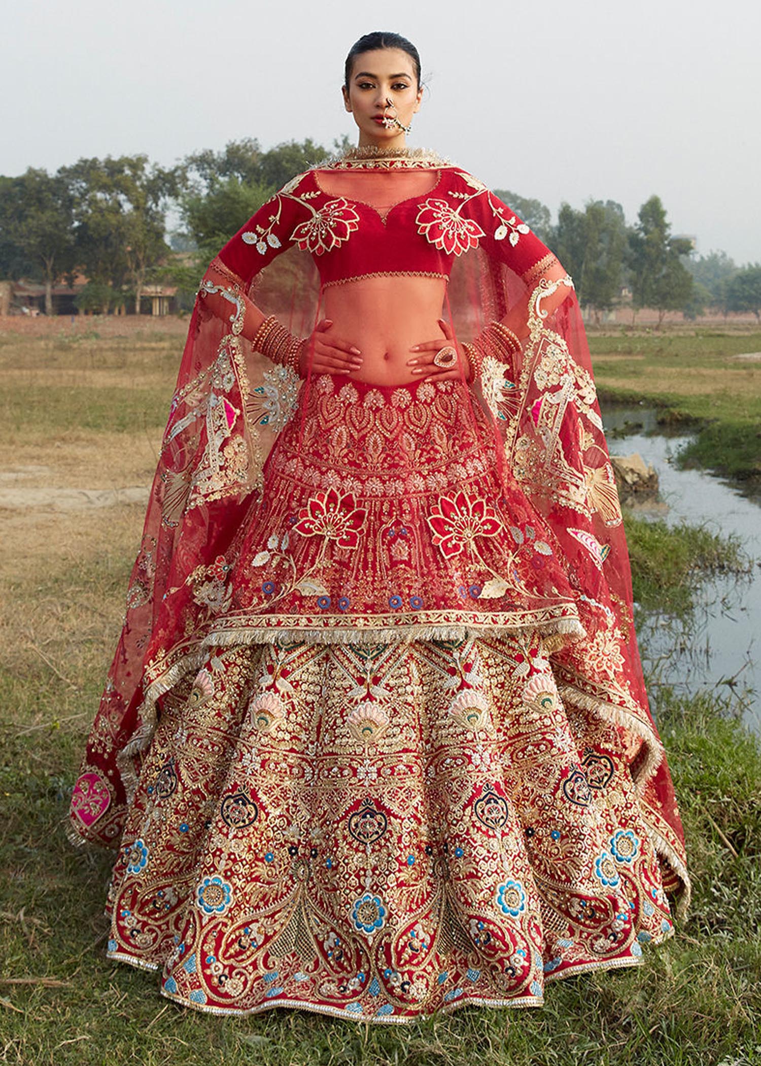Pakistani Cherry Red Embellished Raw Silk Lehenga Choli (3-Piece) - Image 1