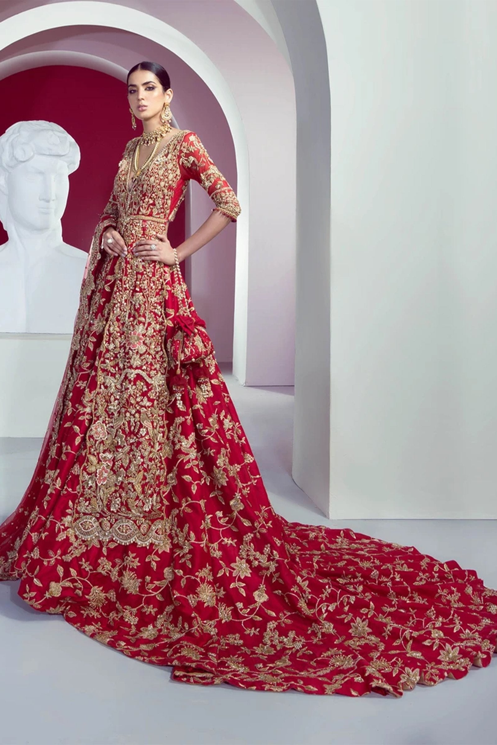Red Embroidered Raw Silk Lehenga (3-Piece) - Image 1