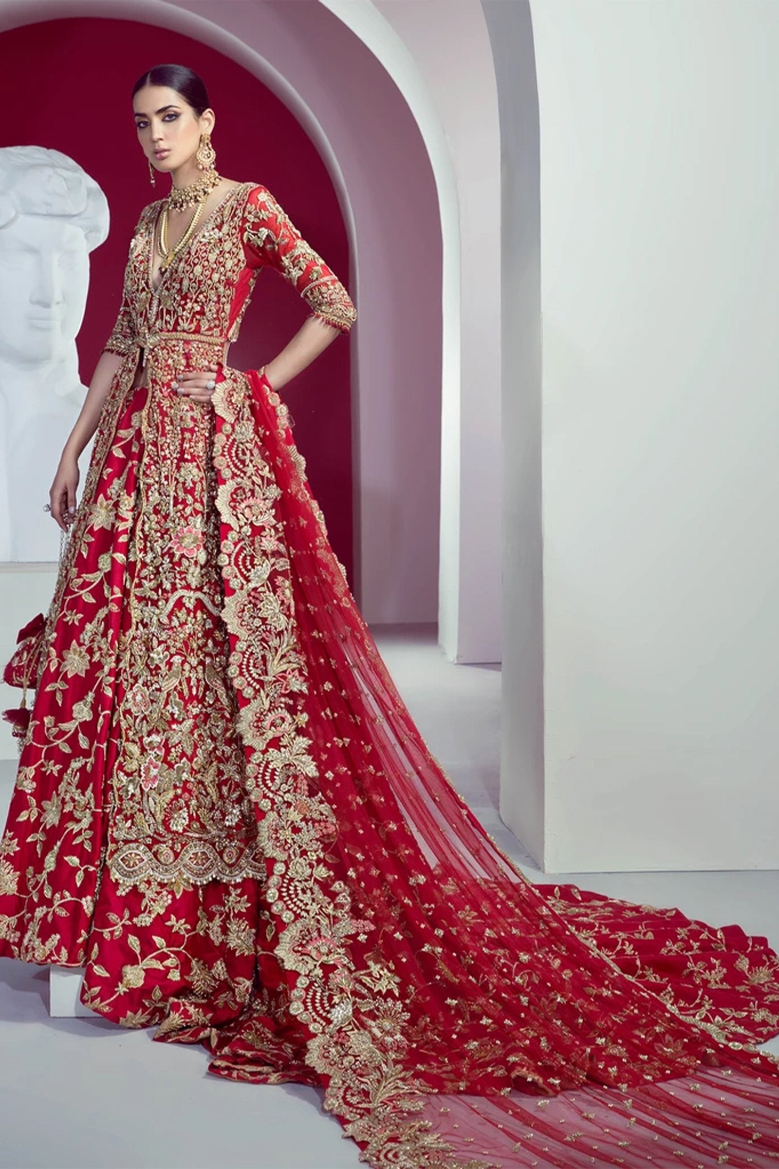 Red Embroidered Raw Silk Lehenga (3-Piece) - Image 2