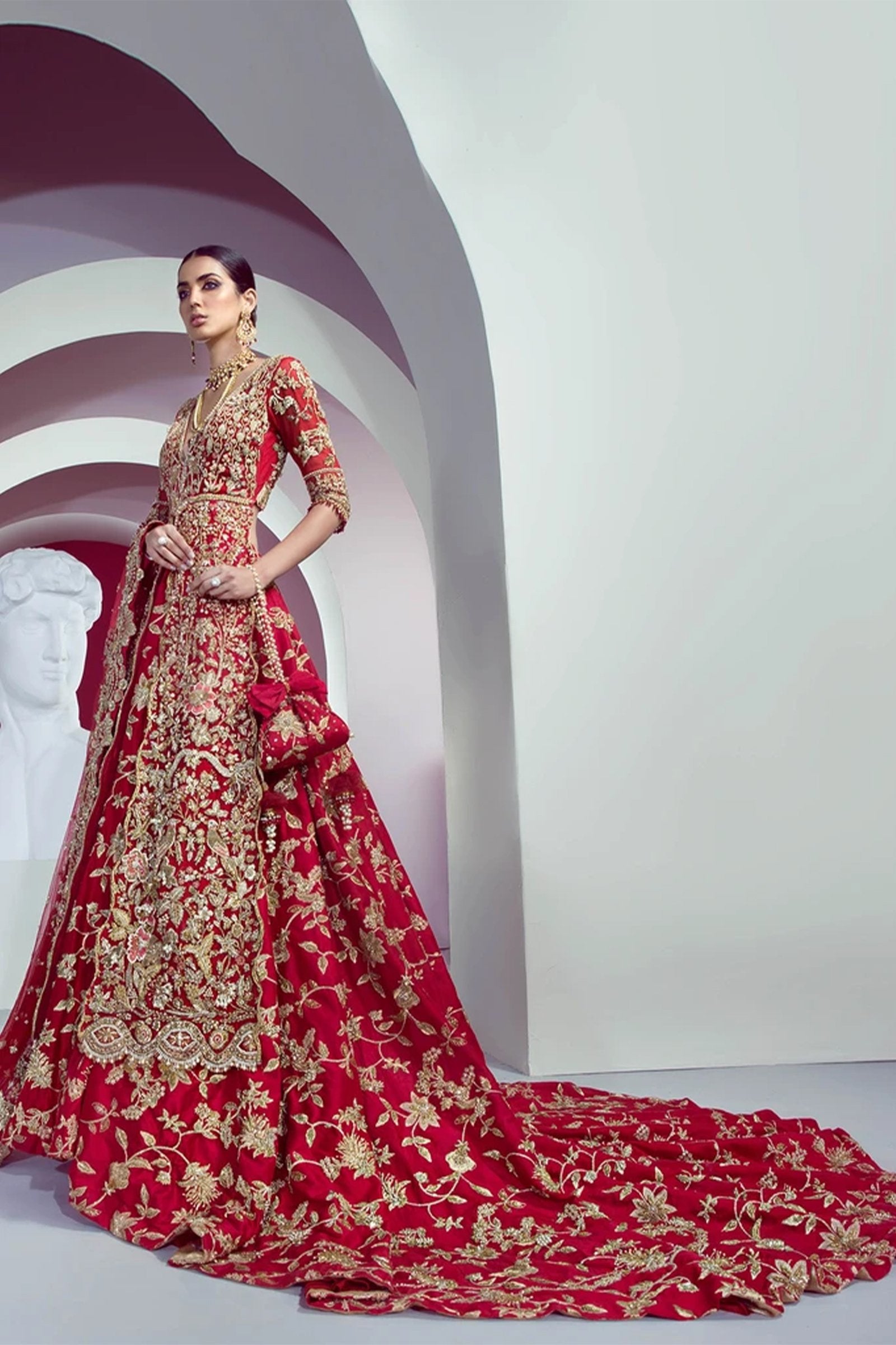 Red Embroidered Raw Silk Lehenga (3-Piece) - Image 3