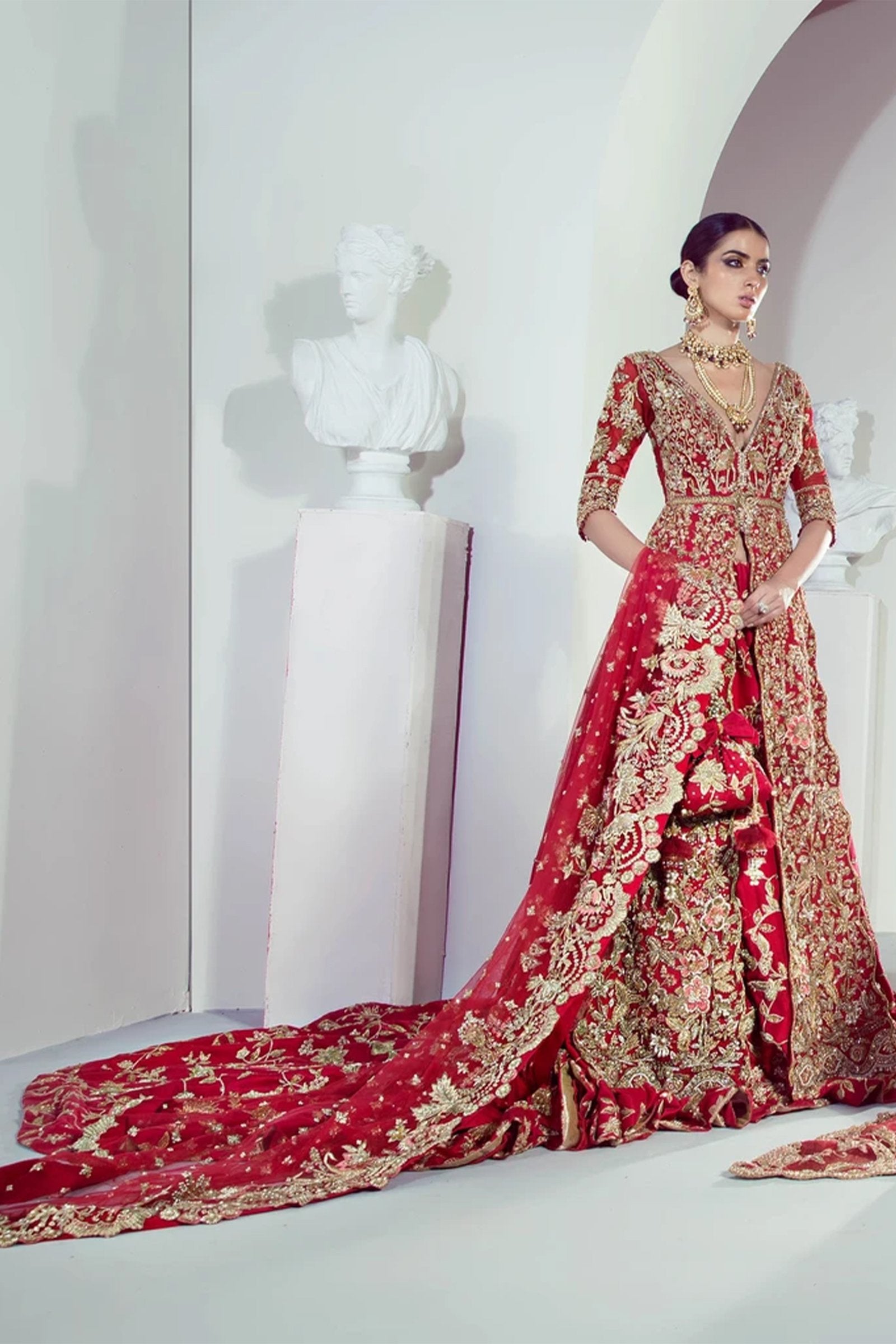 Red Embroidered Raw Silk Lehenga (3-Piece) - Image 4