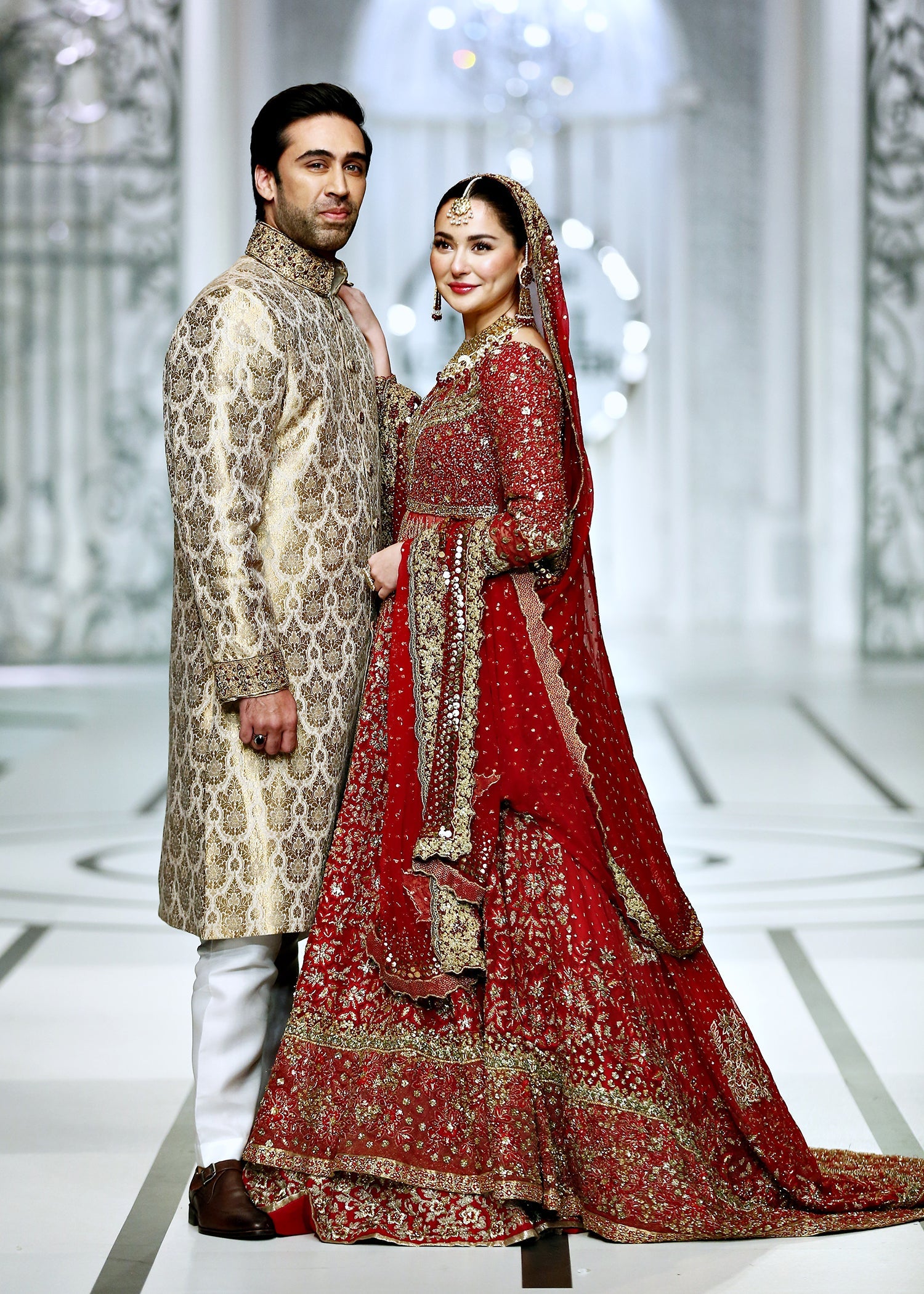 Pakistani Red & Gold Embroidered French Net Bridal Gown (3-Piece) - Image 10