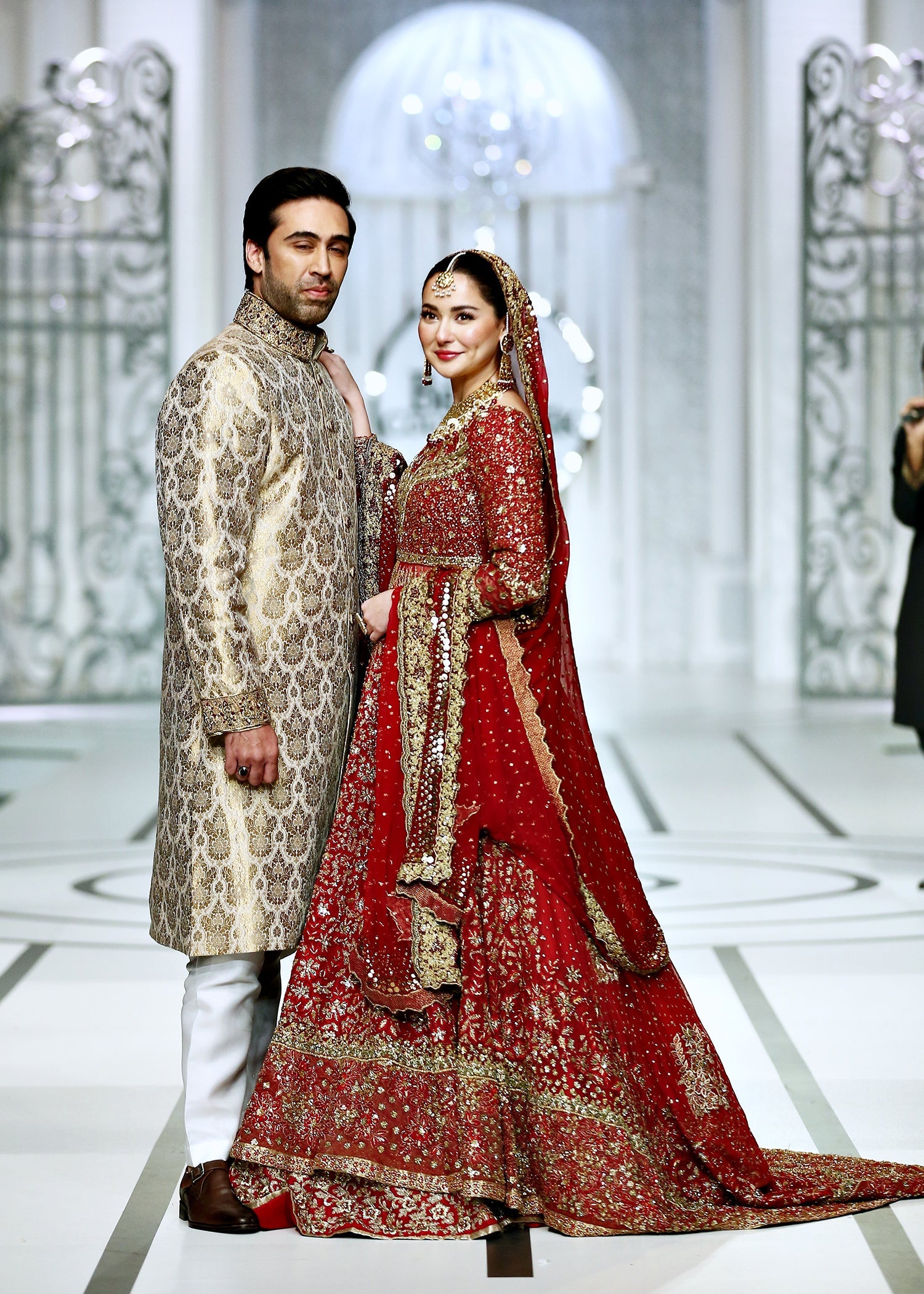 Pakistani Red & Gold Embroidered French Net Bridal Gown (3-Piece) - Image 11