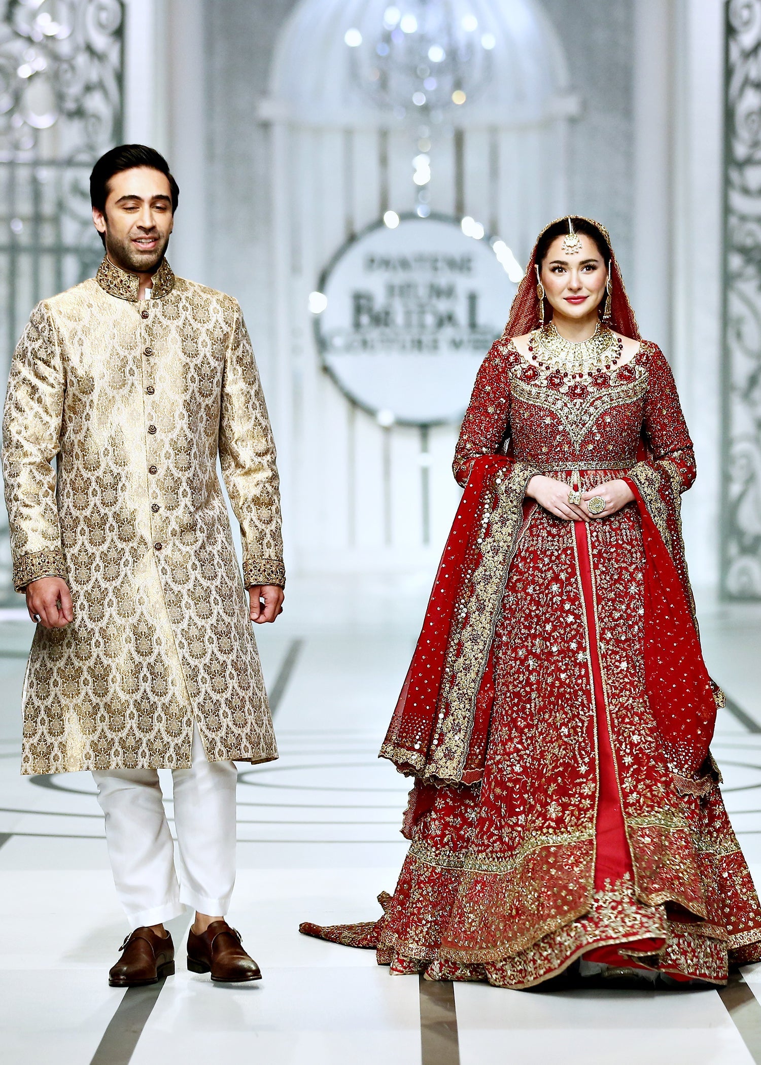 Pakistani Red & Gold Embroidered French Net Bridal Gown (3-Piece) - Image 12