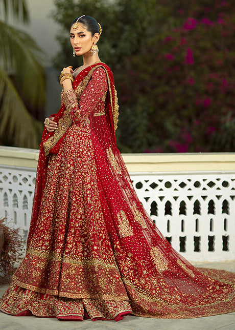 Pakistani Red & Gold Embroidered French Net Bridal Gown (3-Piece) - Image 13