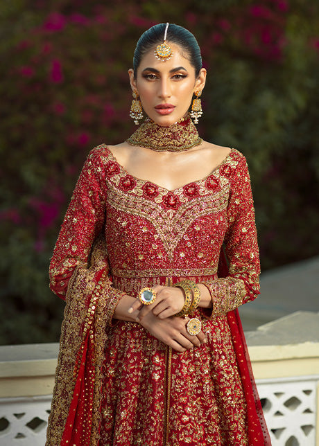 Pakistani Red & Gold Embroidered French Net Bridal Gown (3-Piece) - Image 2