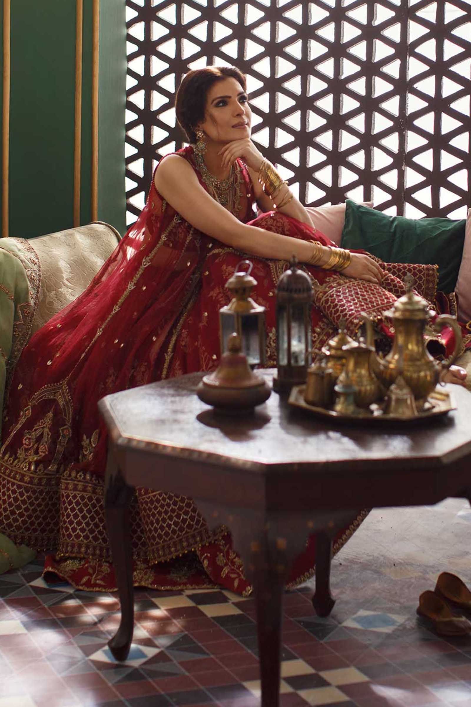 Deep Red Embroidered Net Anarkali Peshwaz (3-Piece) - Image 1
